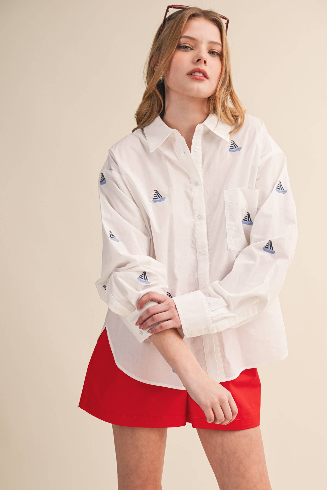 Sailboat Embroidery Button Down Shirt