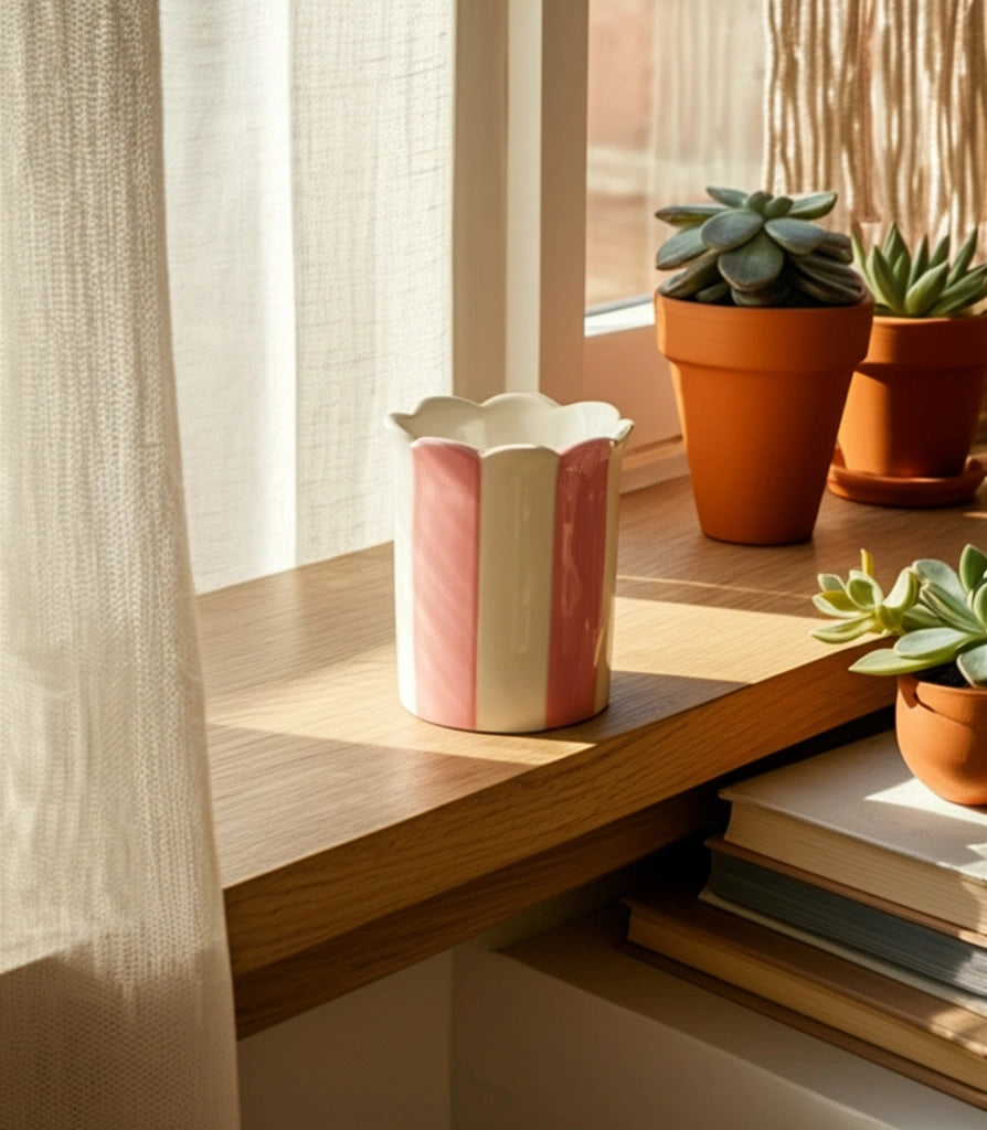 Pencil Cup - Pink/Ivory Ceramic Decorative Striped