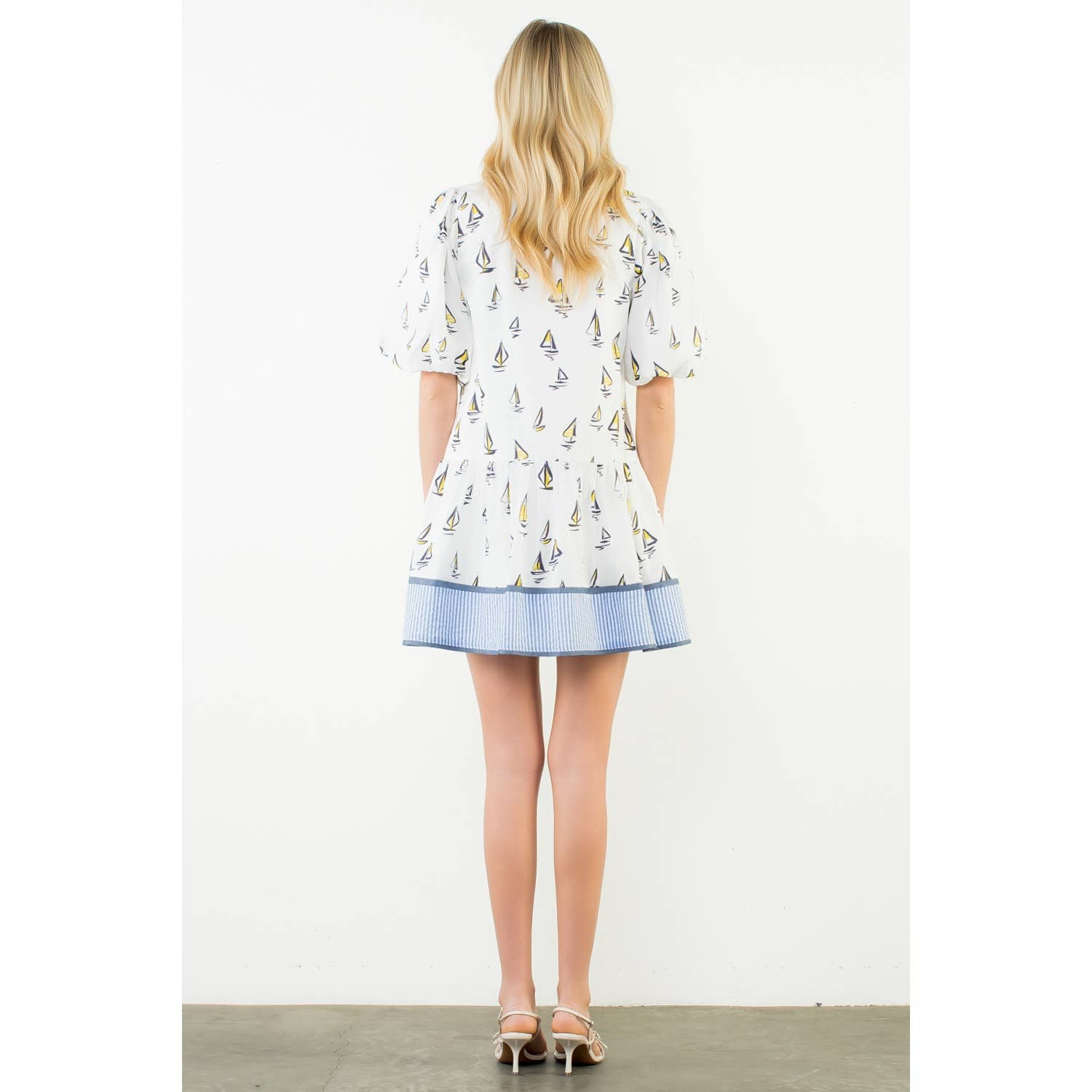 Puff Sleeve Sailboat Pattern Dress