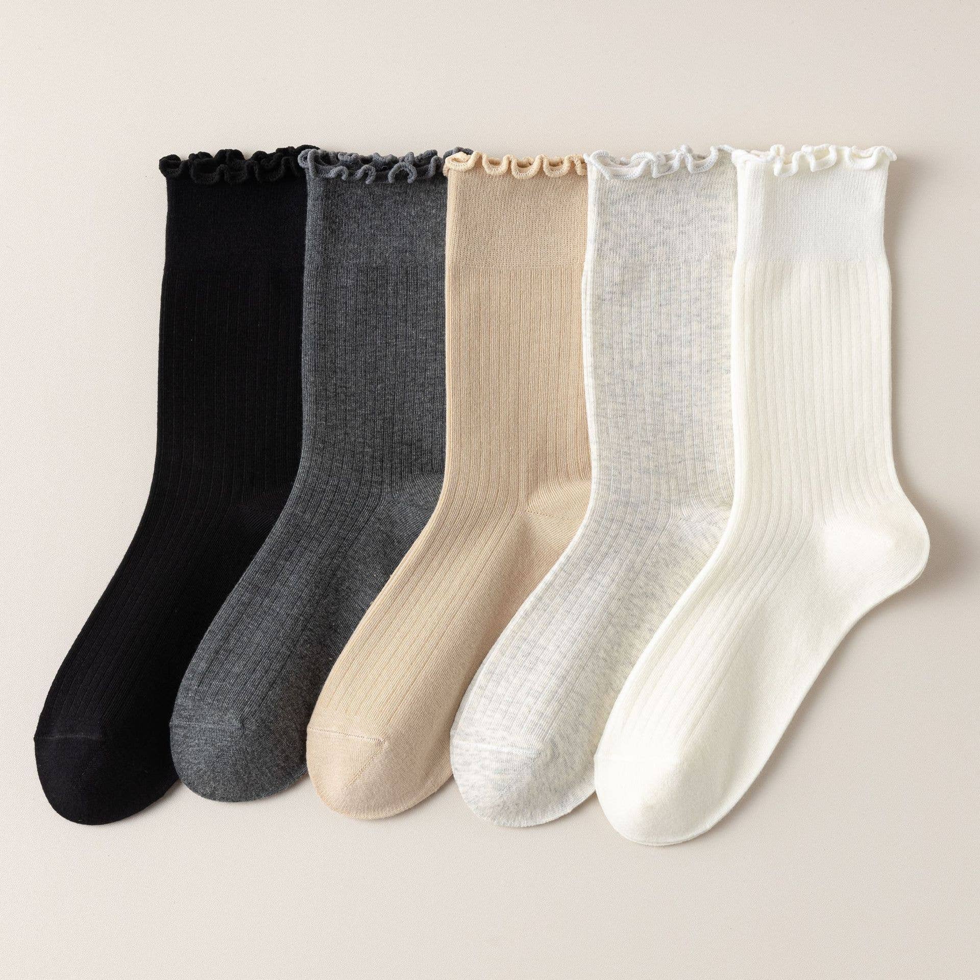 Vertical Stripes Thin Solid Ruffle Crew Socks