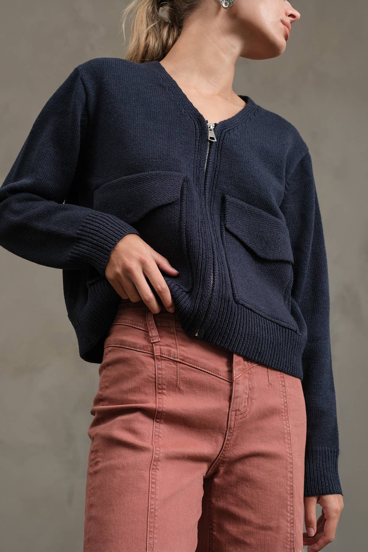 Utility Pocket Knit Zip-Up Cardigan