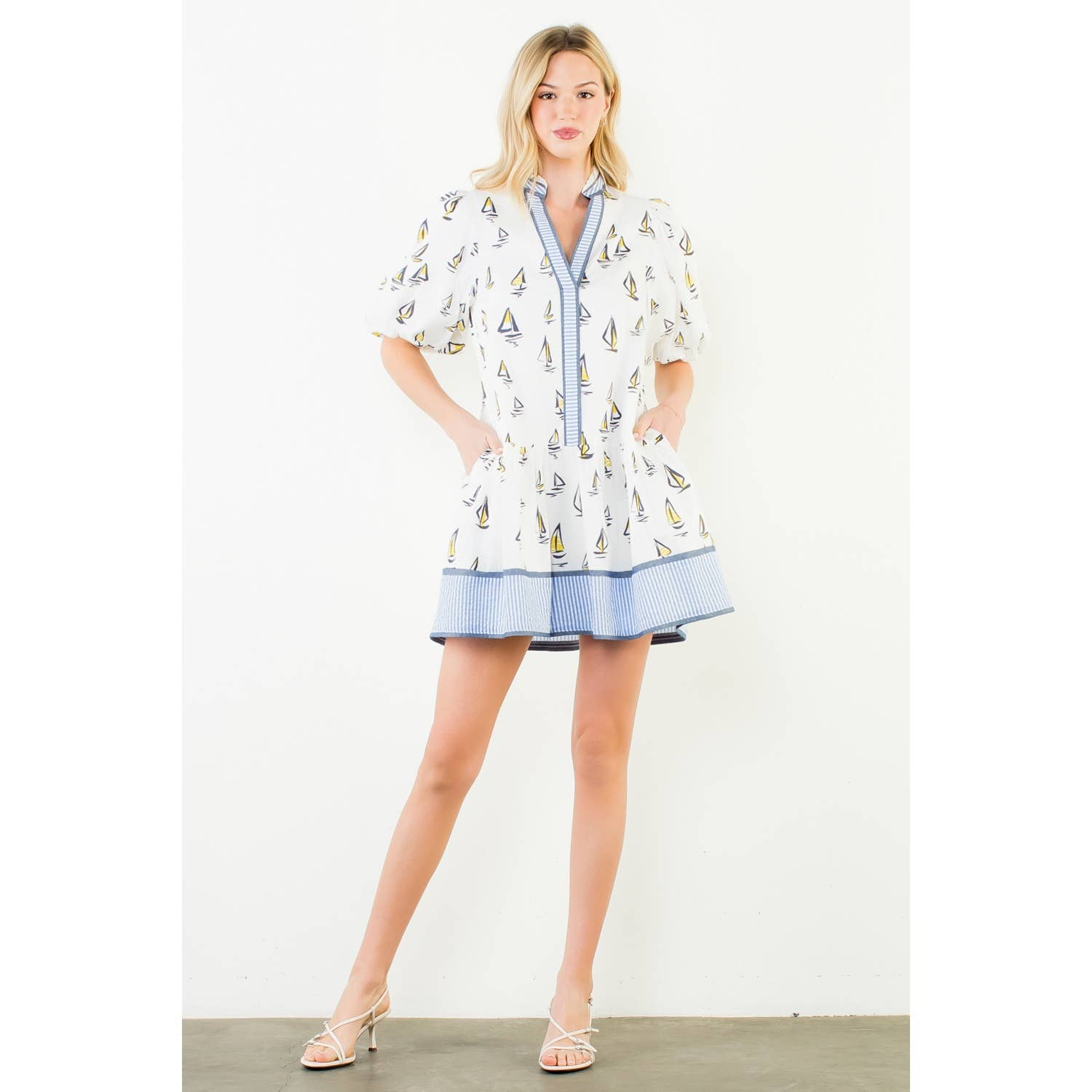 Puff Sleeve Sailboat Pattern Dress