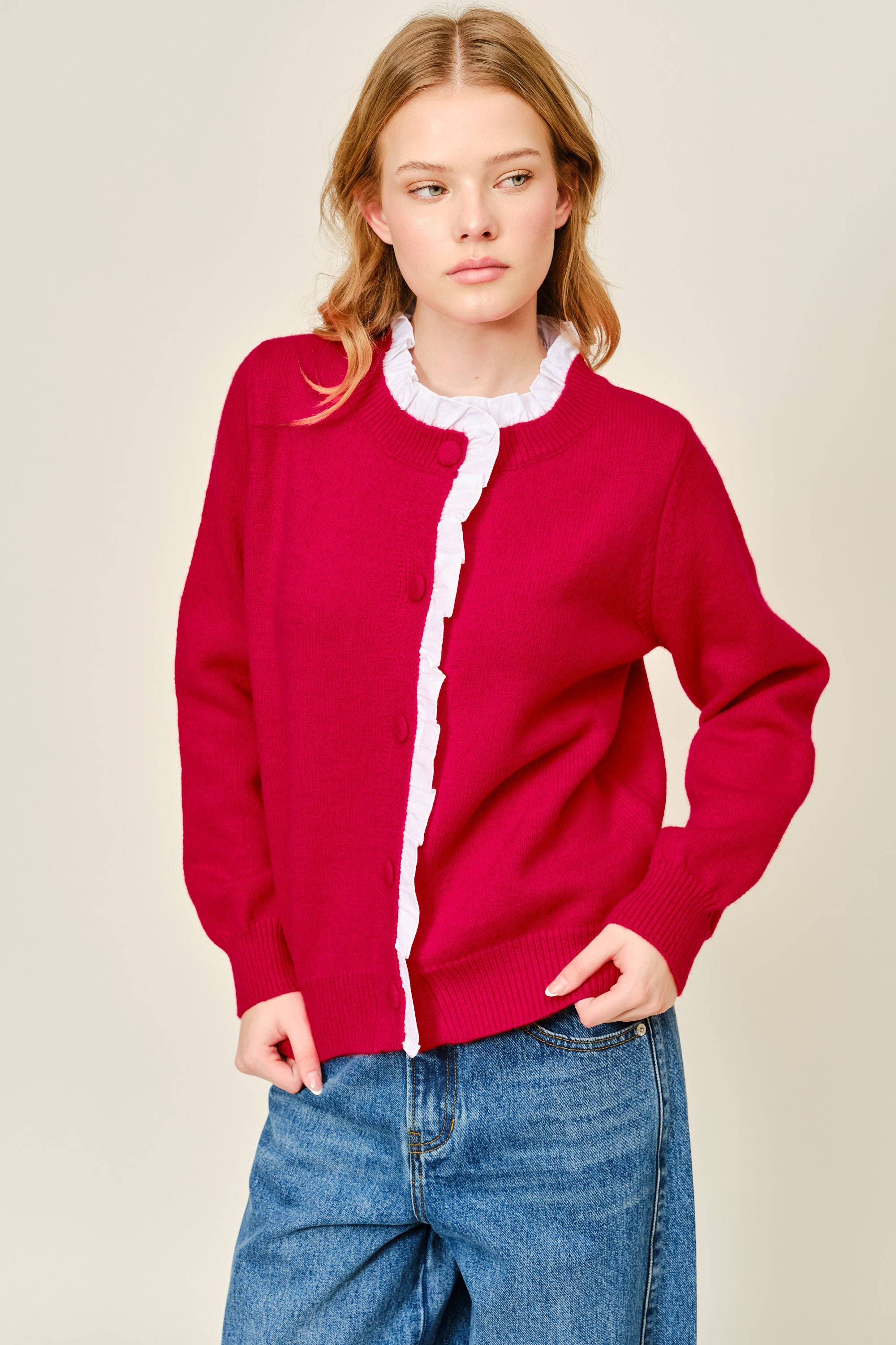 Contrast Ruffle Trim Knit Cardigan