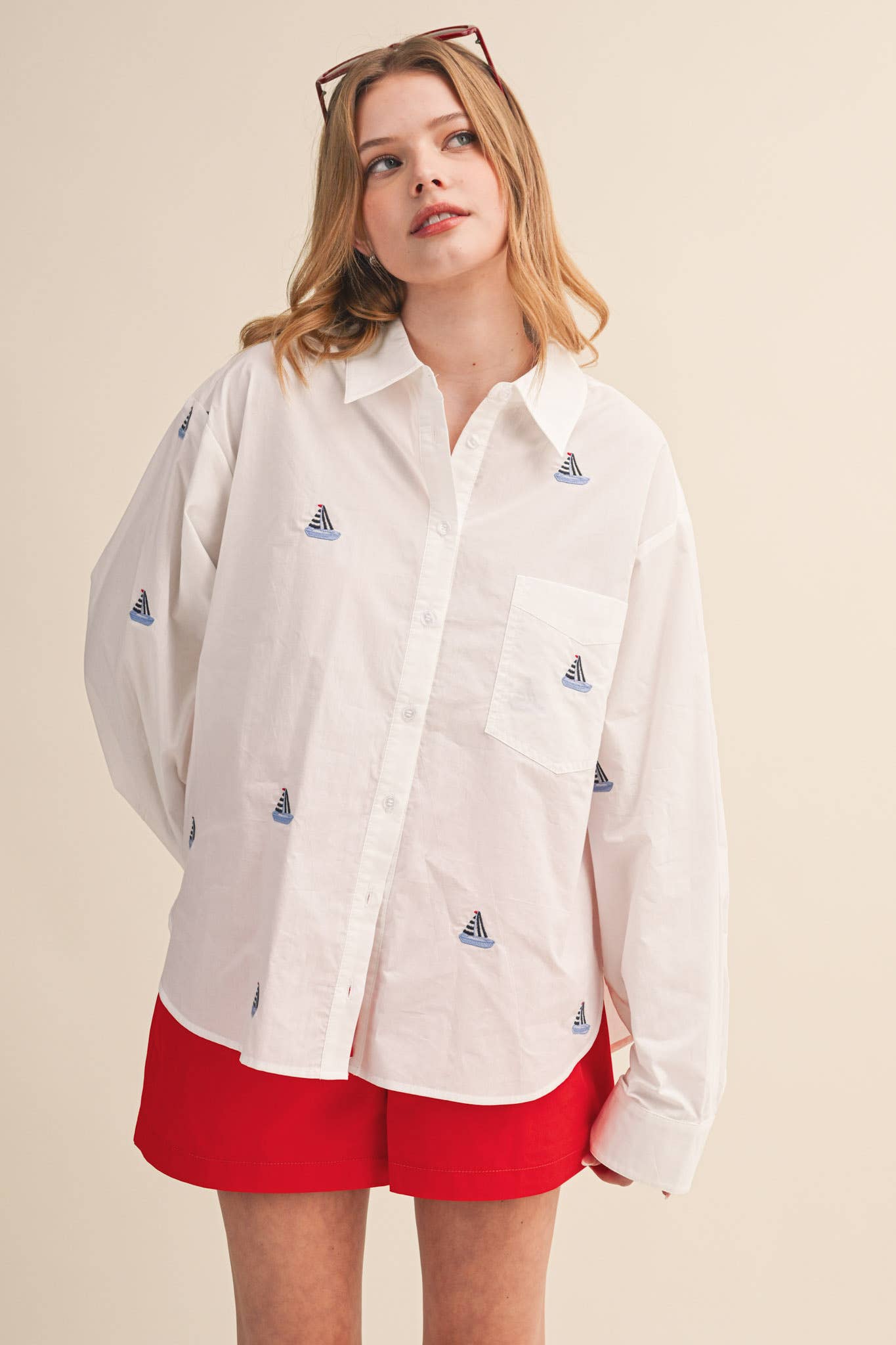 Sailboat Embroidery Button Down Shirt