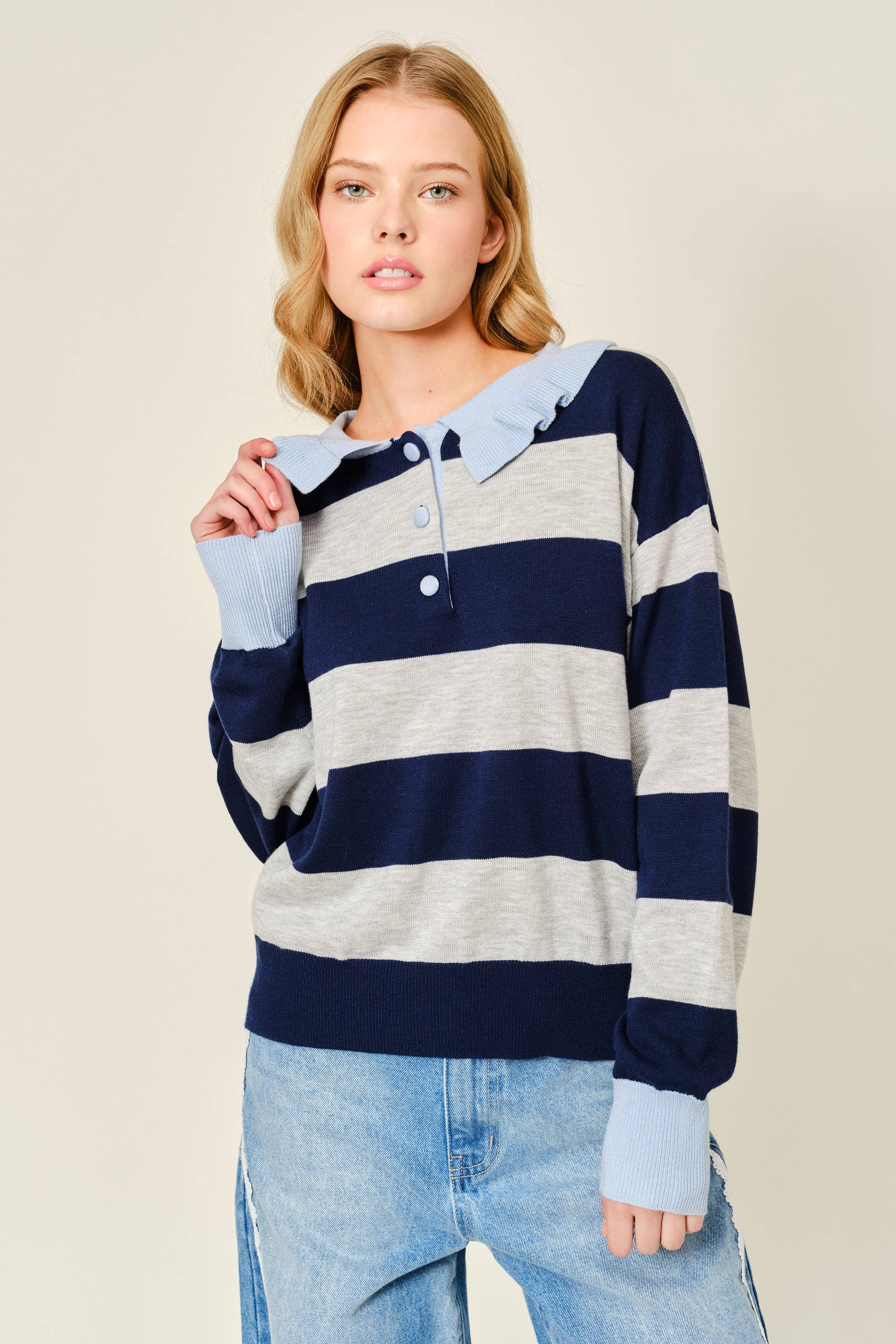 Striped Ruffle Collar Polo Style Sweater