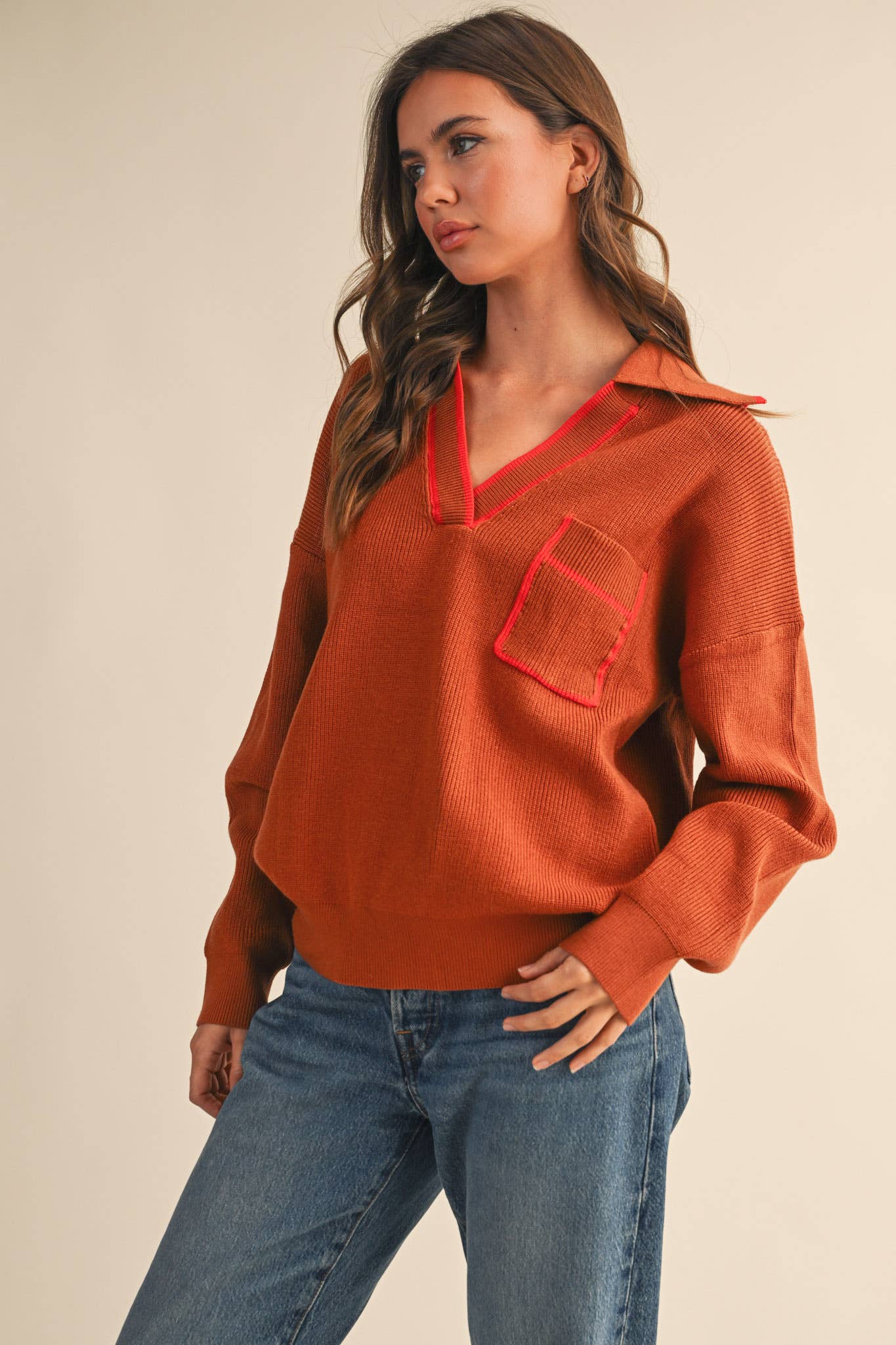 Ribbed Collared Pullover Sweater