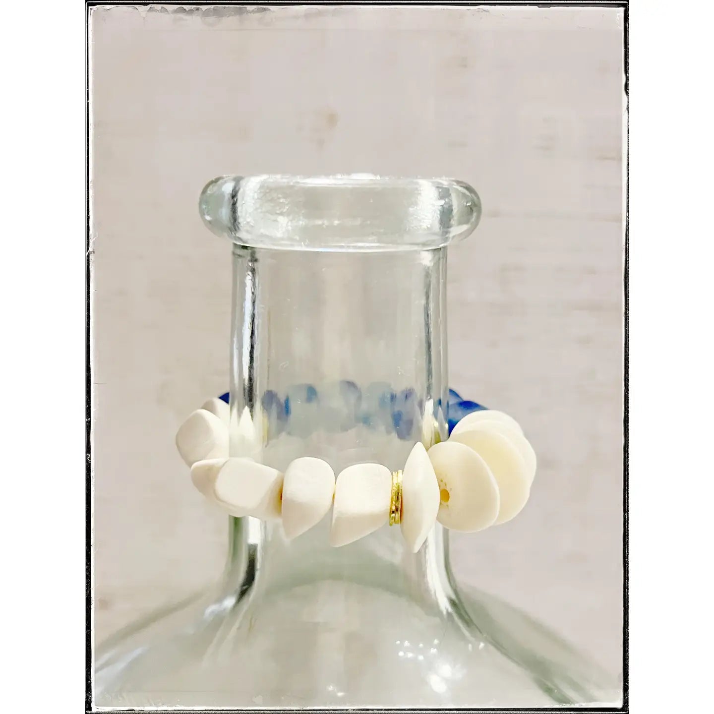 Bone, Wood Nugget, Blue Recycled Glass Stretch Bracelet