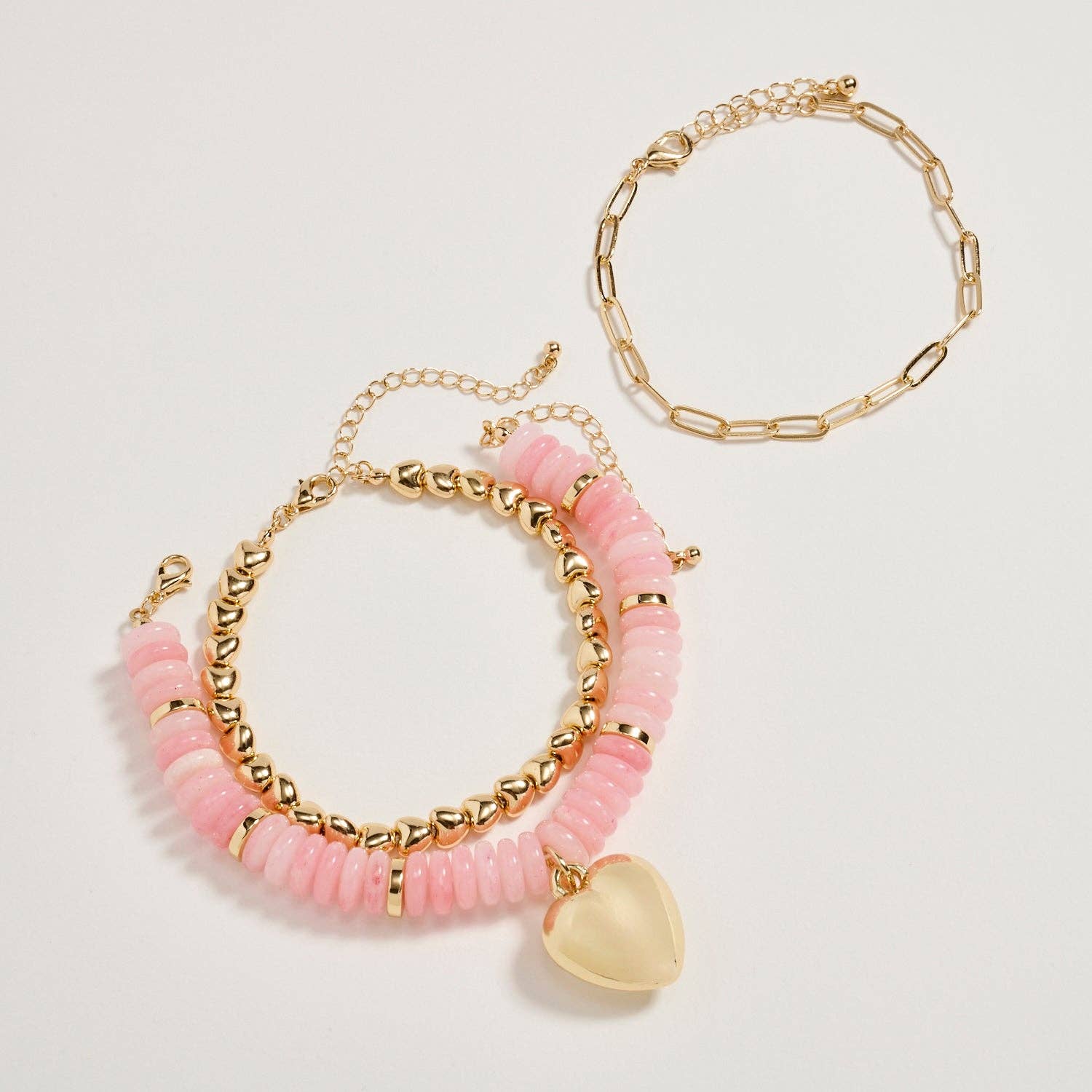 Gold Heart Charm Beaded Bracelet Set