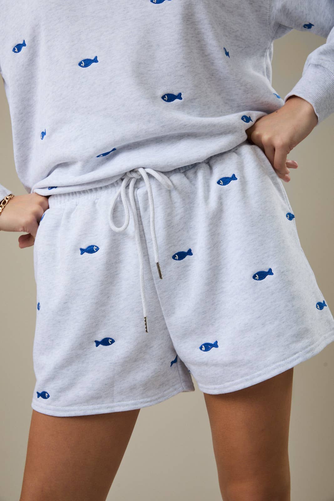High Rise Elastic Waistband Fish Embroidered Sweatshorts