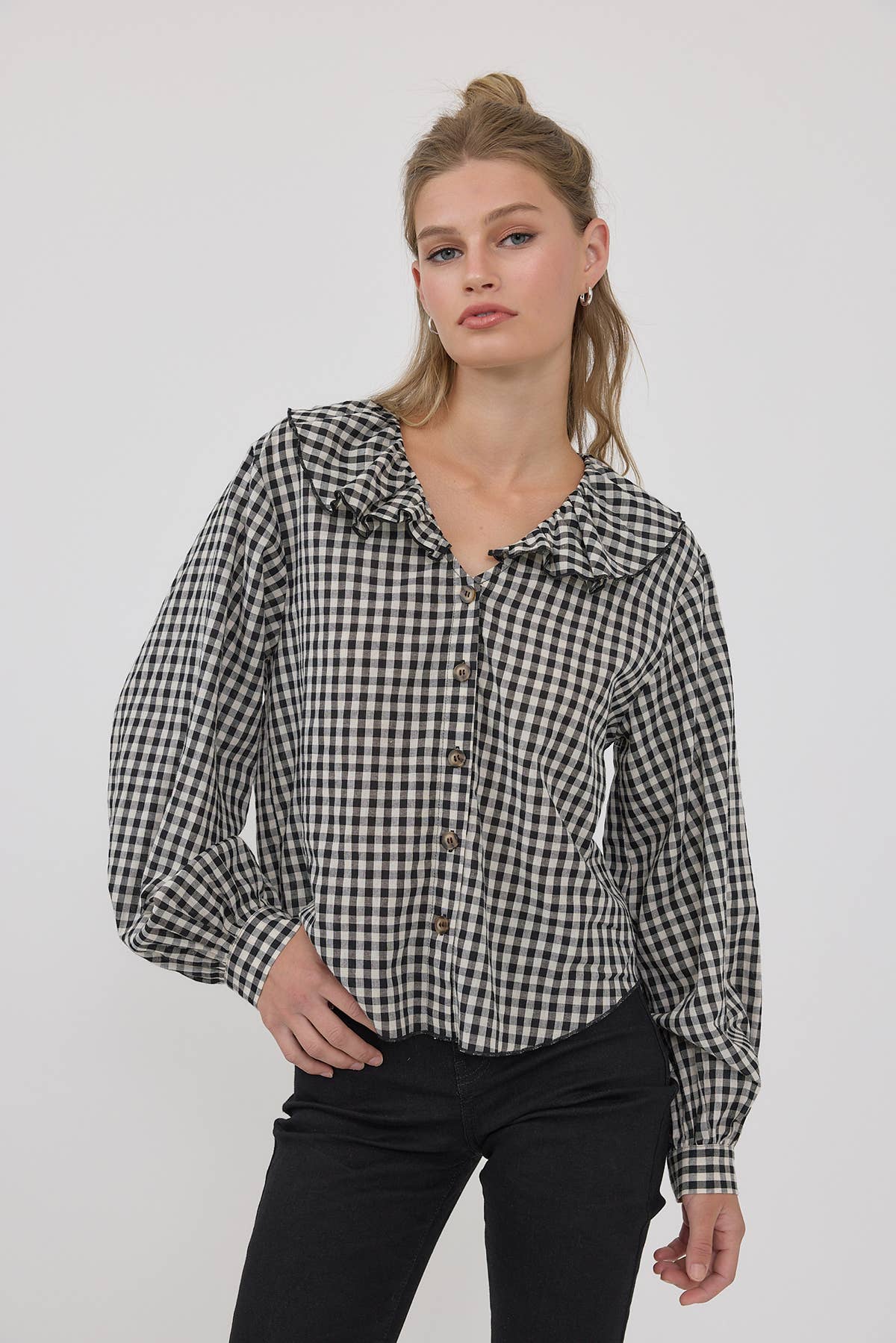 Gingham Ruffle Collar Button-Up Blouse