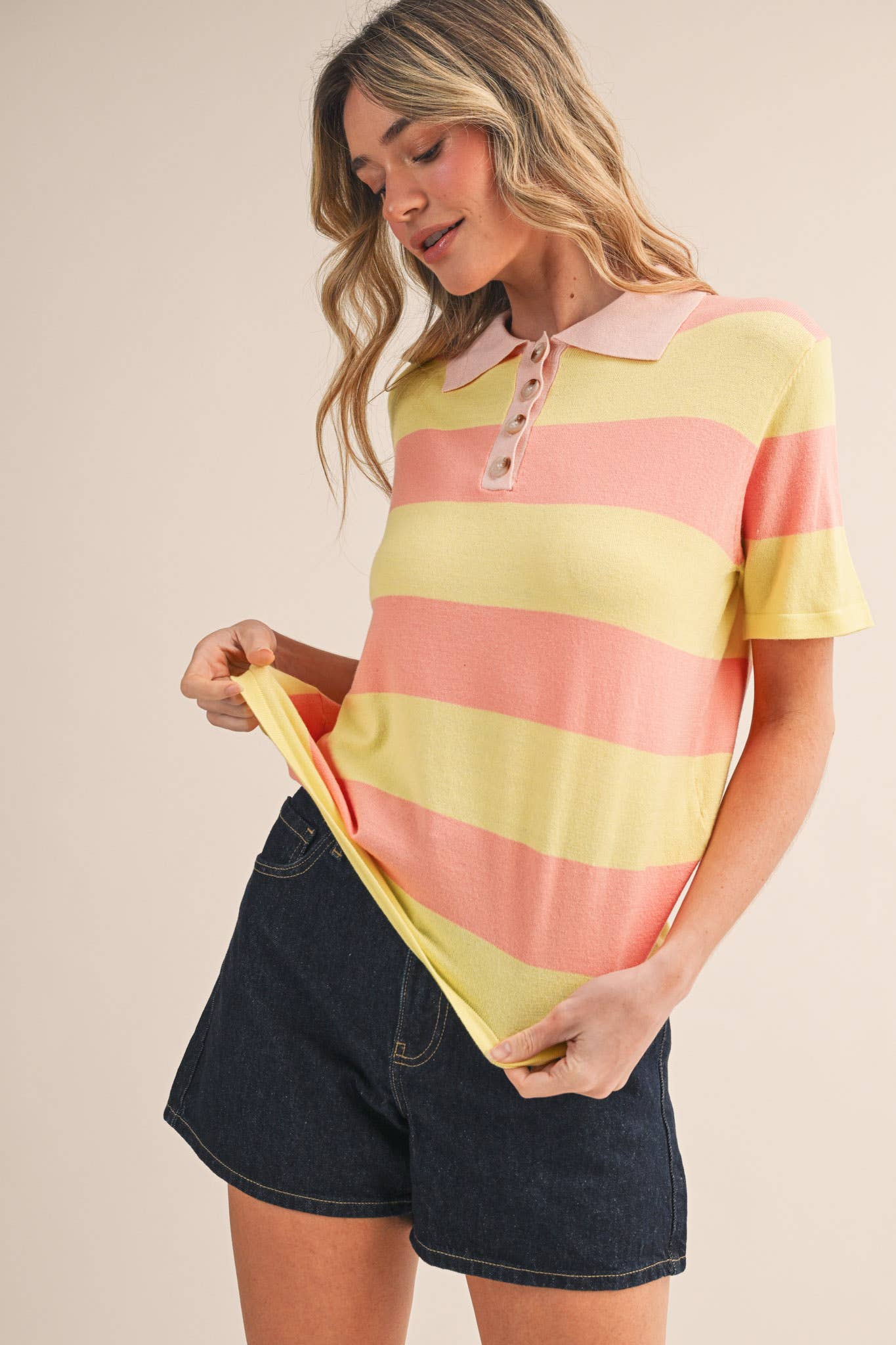 Striped Sweater Knit Short Sleeve Polo