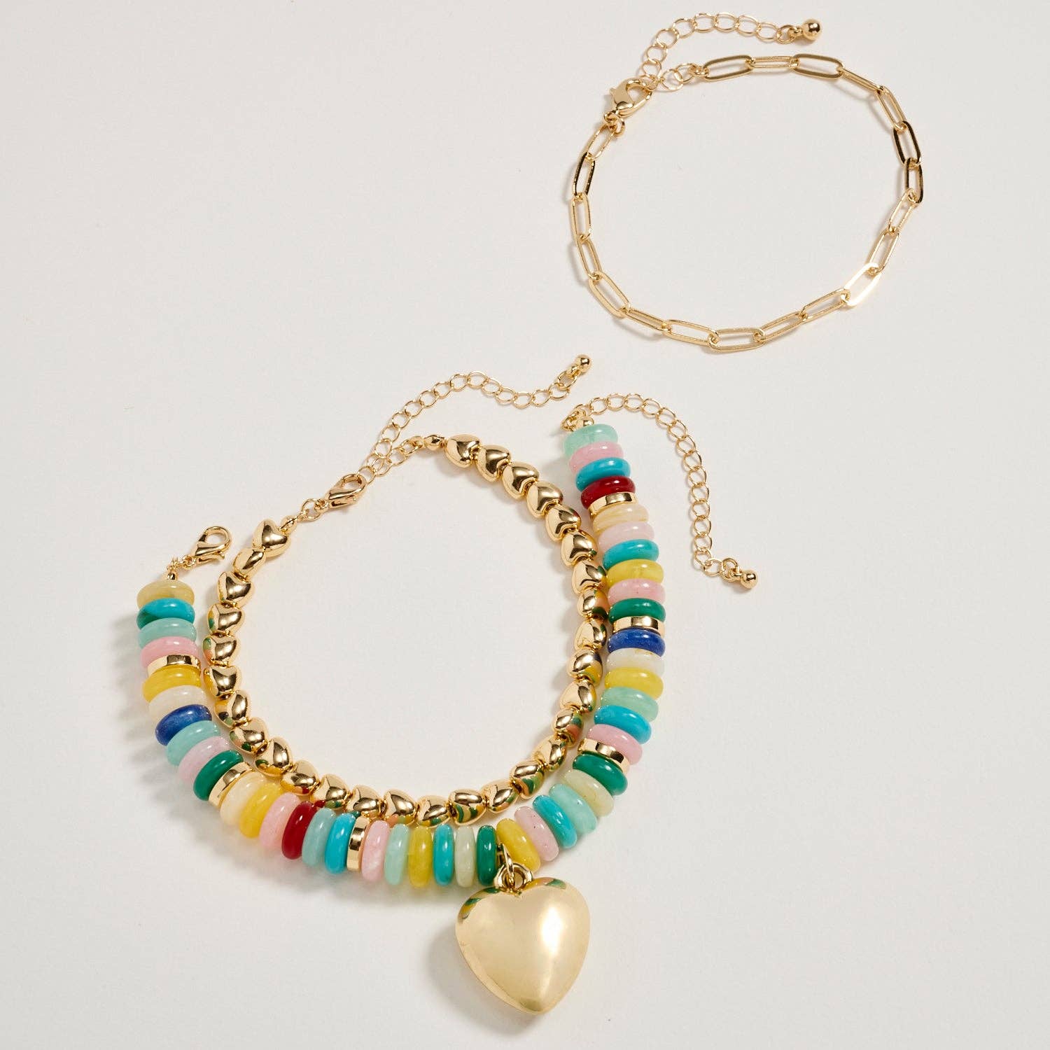 Gold Heart Charm Beaded Bracelet Set