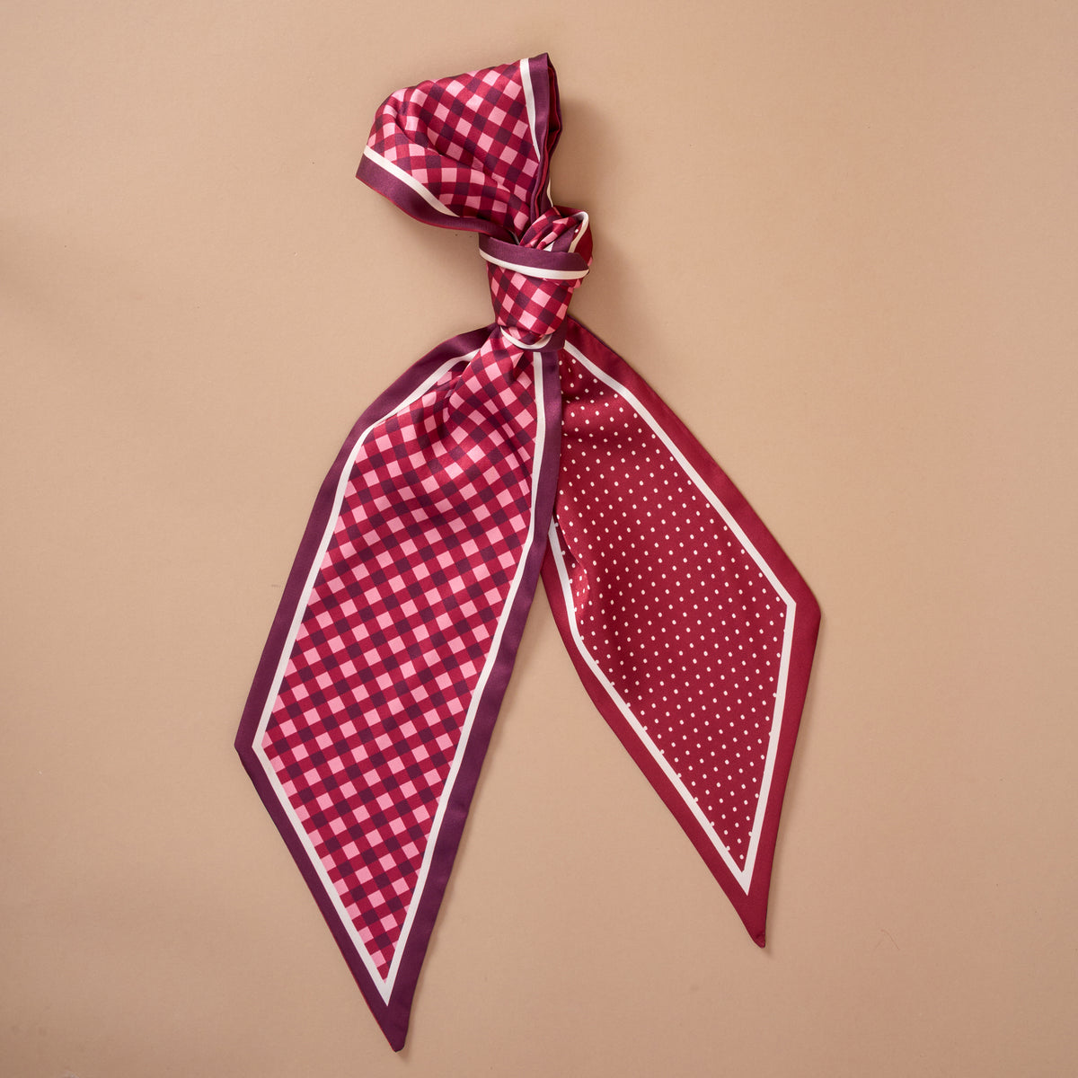 Double-sided burgundy gingham satin scarf accessory
