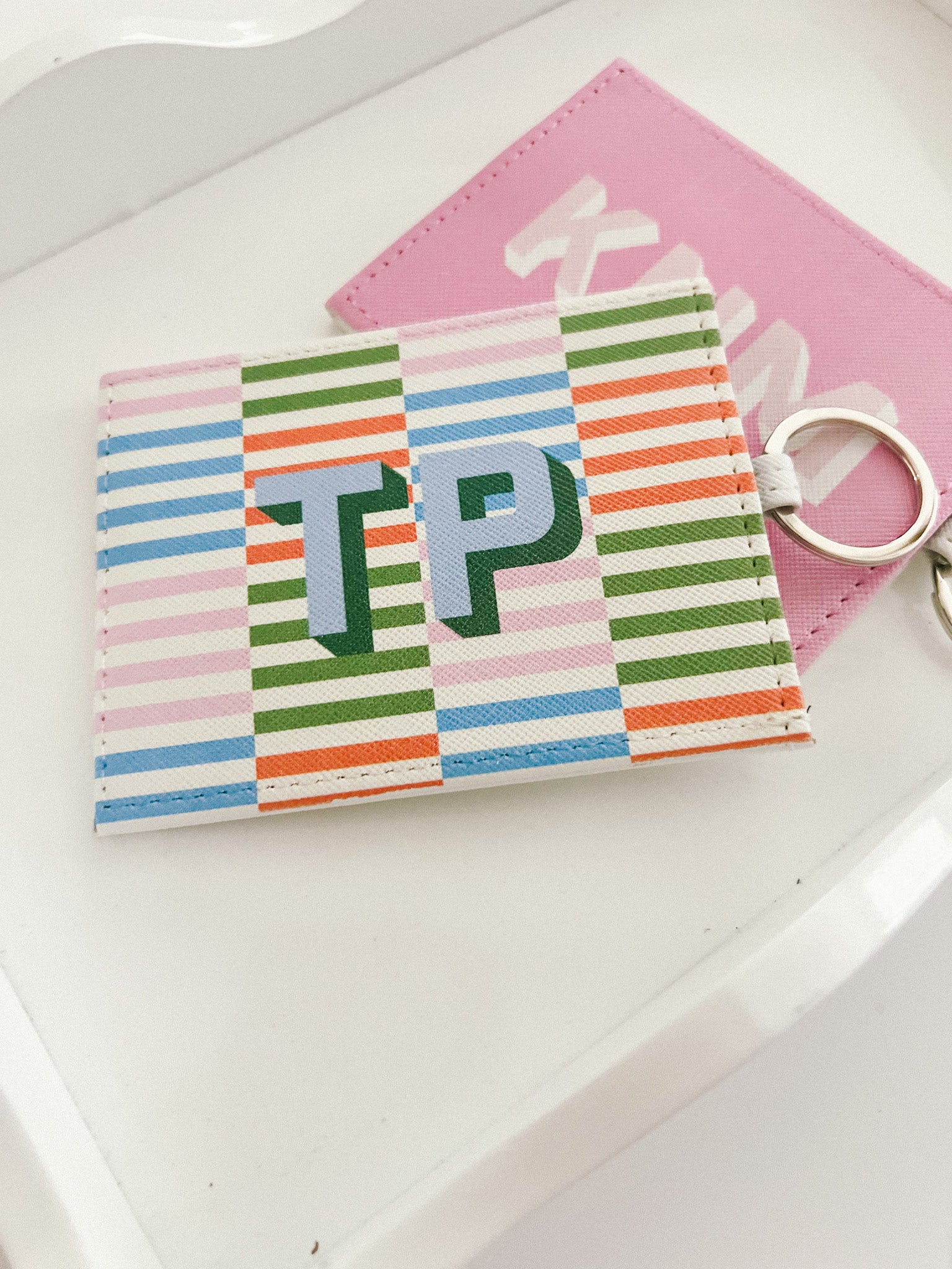 Monogrammed Striped Cardholder Keychain