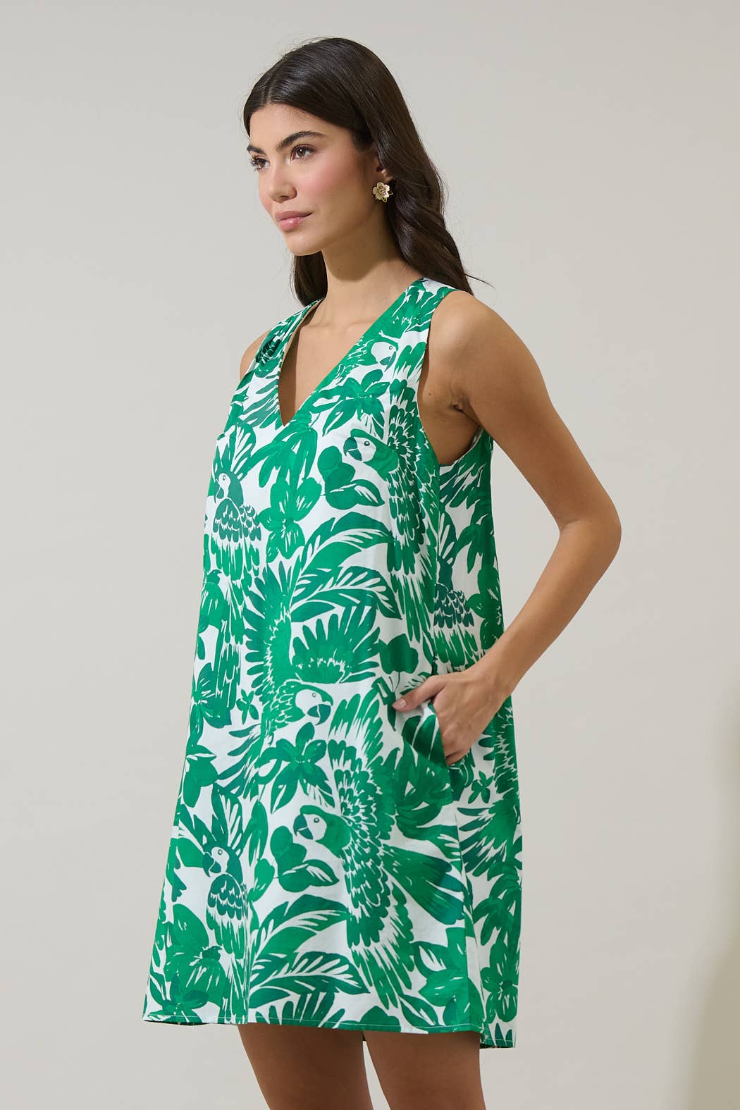 Masey green tropical sleeveless mini dress side view