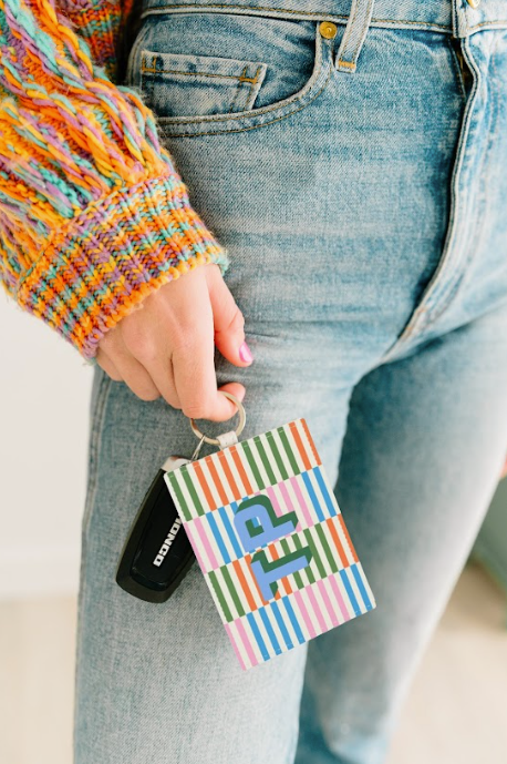 Monogrammed Striped Cardholder Keychain