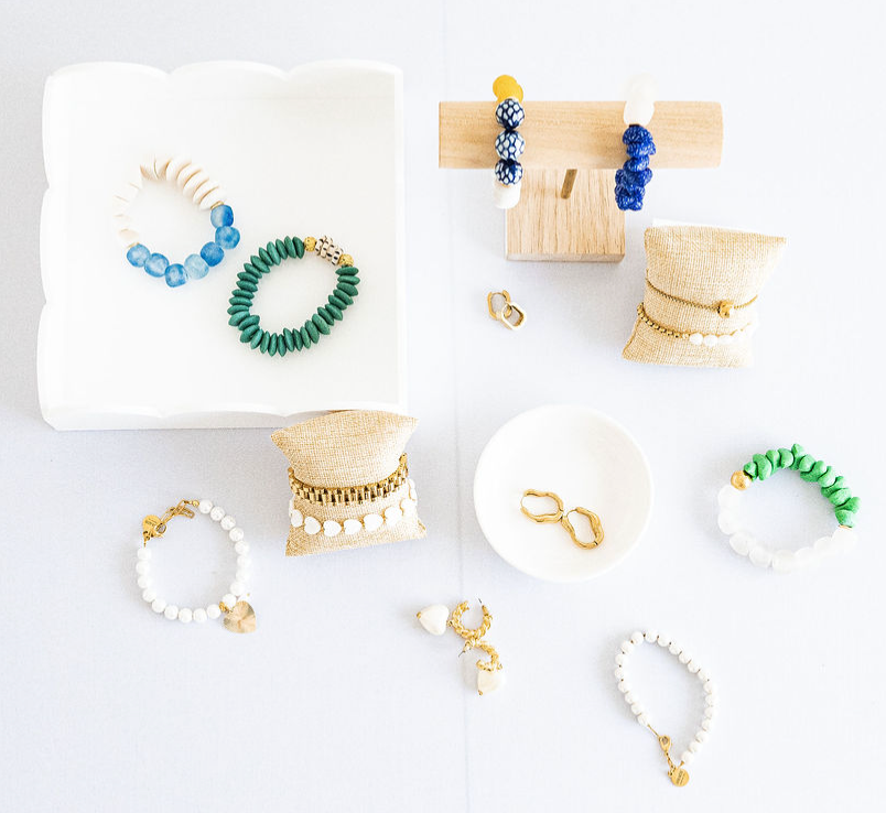 Bone, Wood Nugget, Blue Recycled Glass Stretch Bracelet