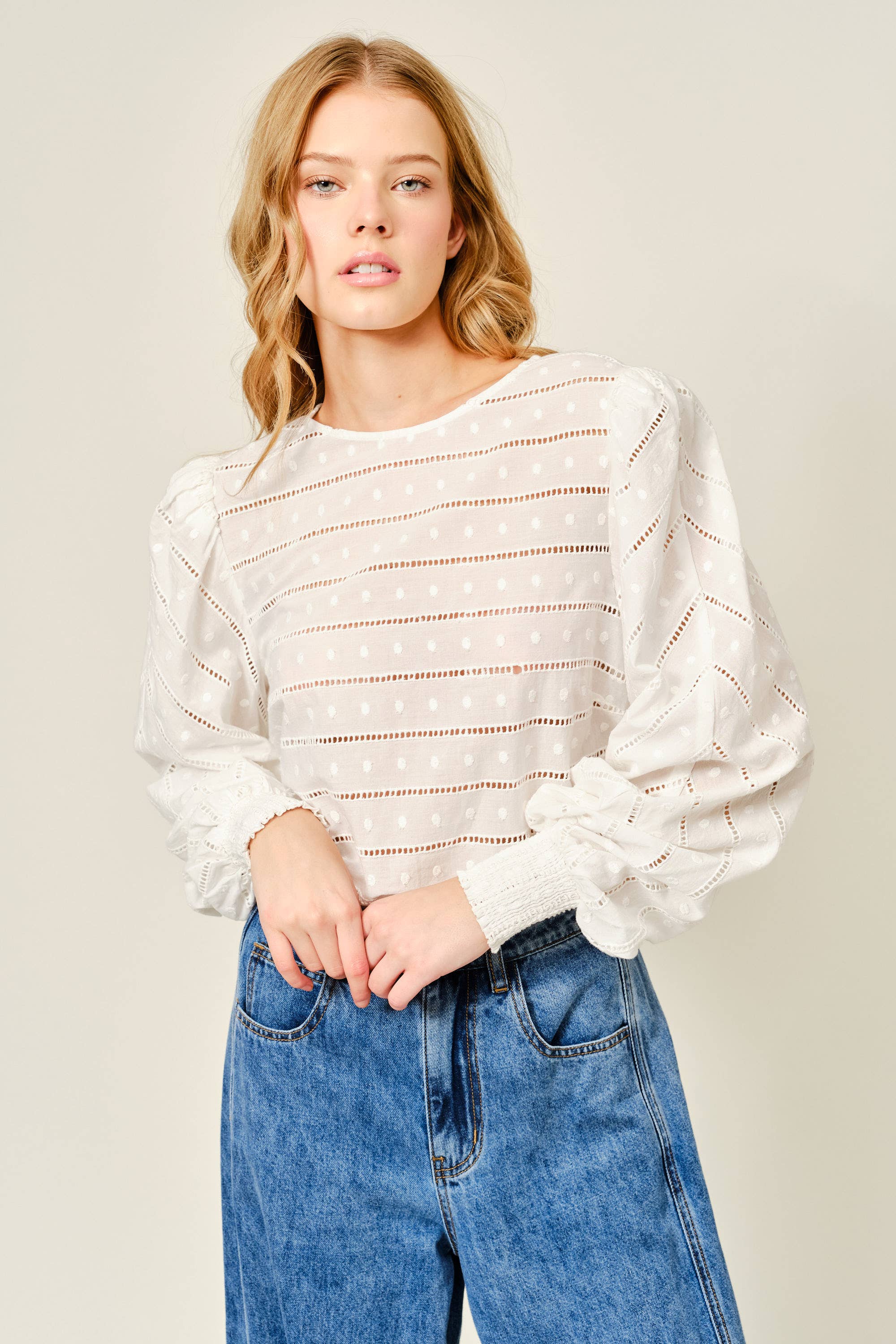 Embroidered Lace Detail Puff Sleeve Blouse