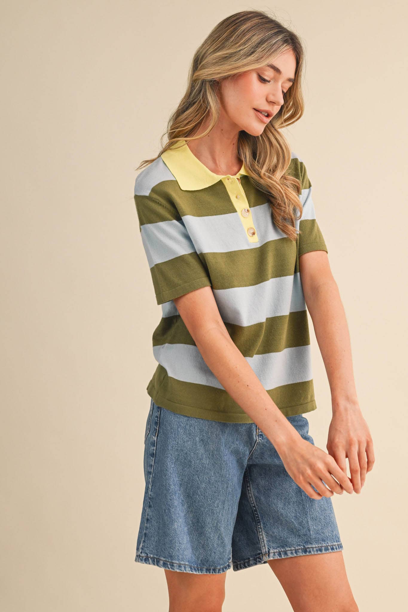 Striped Sweater Knit Short Sleeve Polo