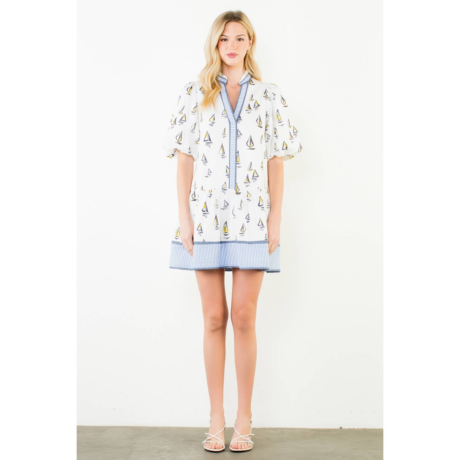 Puff Sleeve Sailboat Pattern Dress