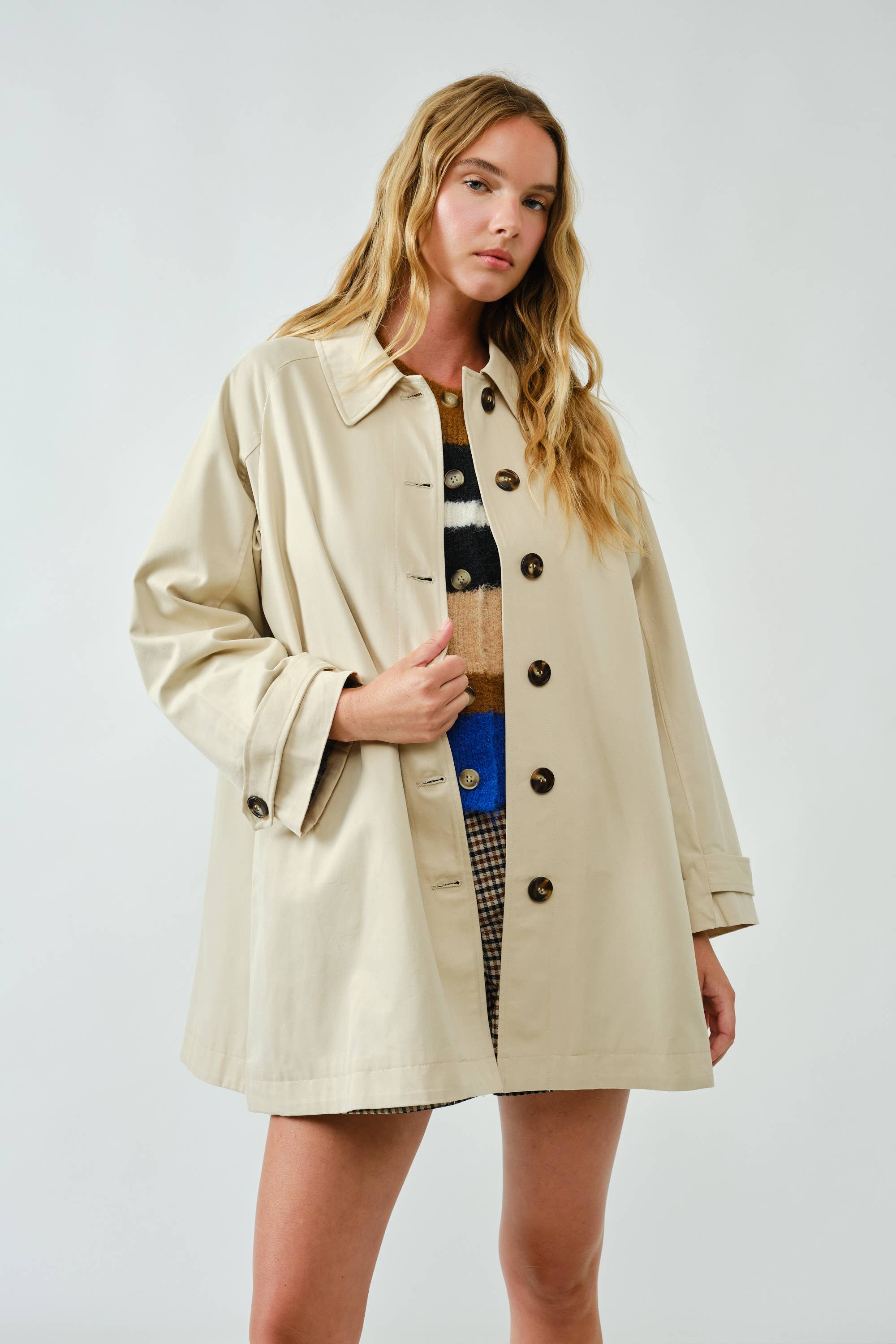 A Line Trench Coat with Plaid Lining