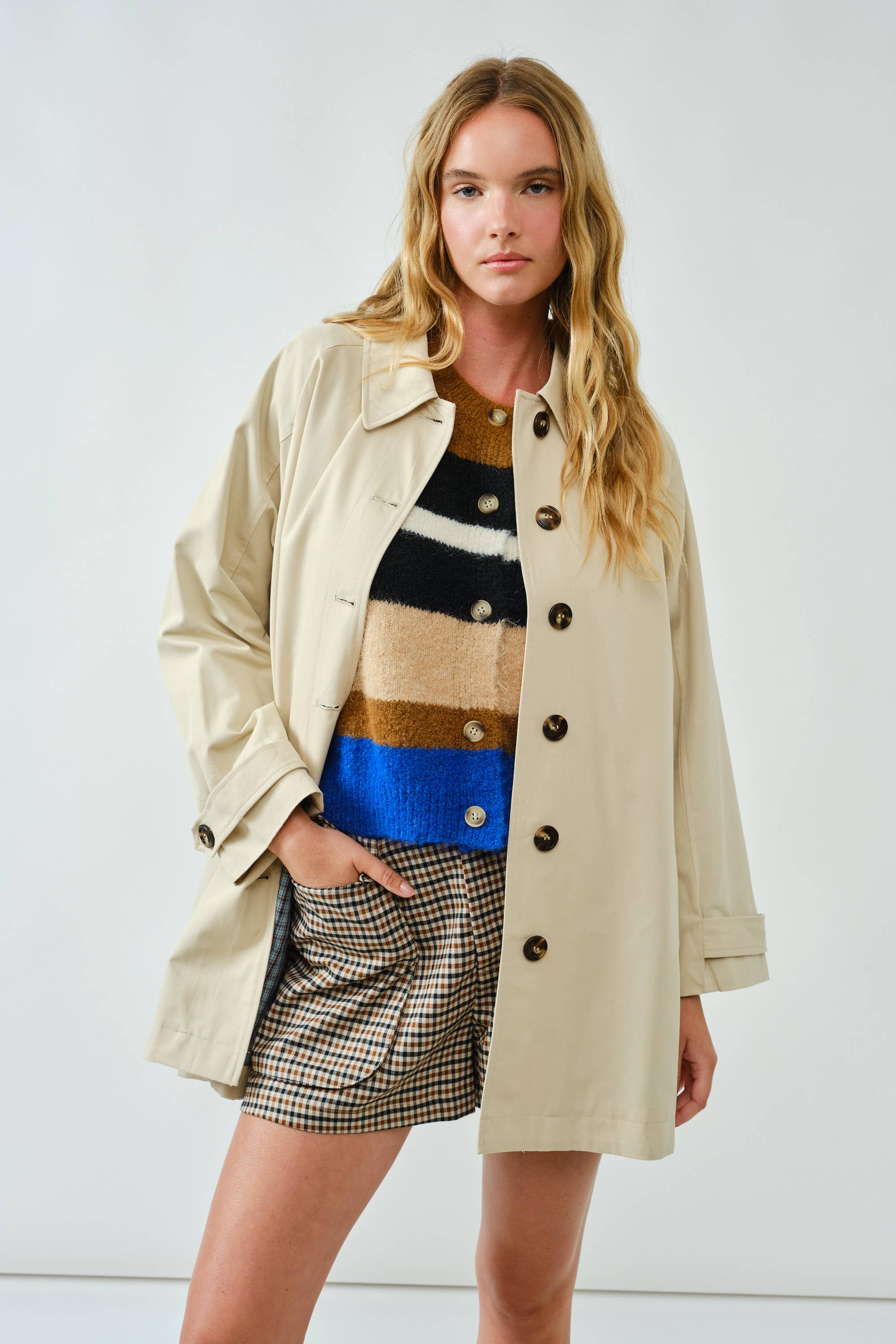 A Line Trench Coat with Plaid Lining