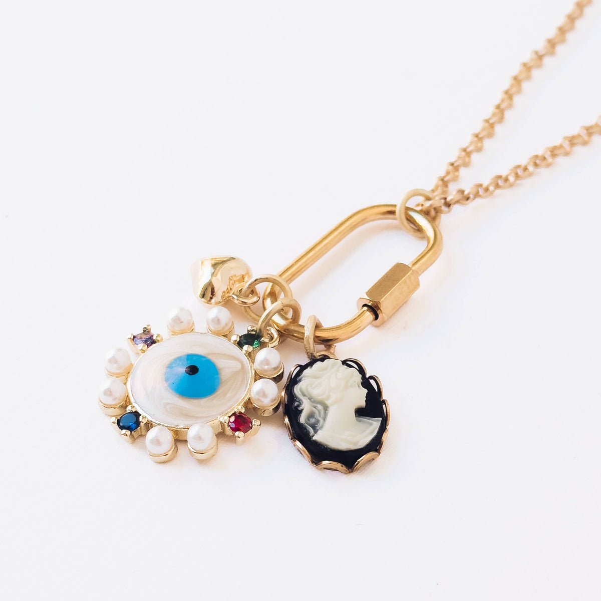Evil Eye & Cameo Charm Necklace with Gold Carabiner
