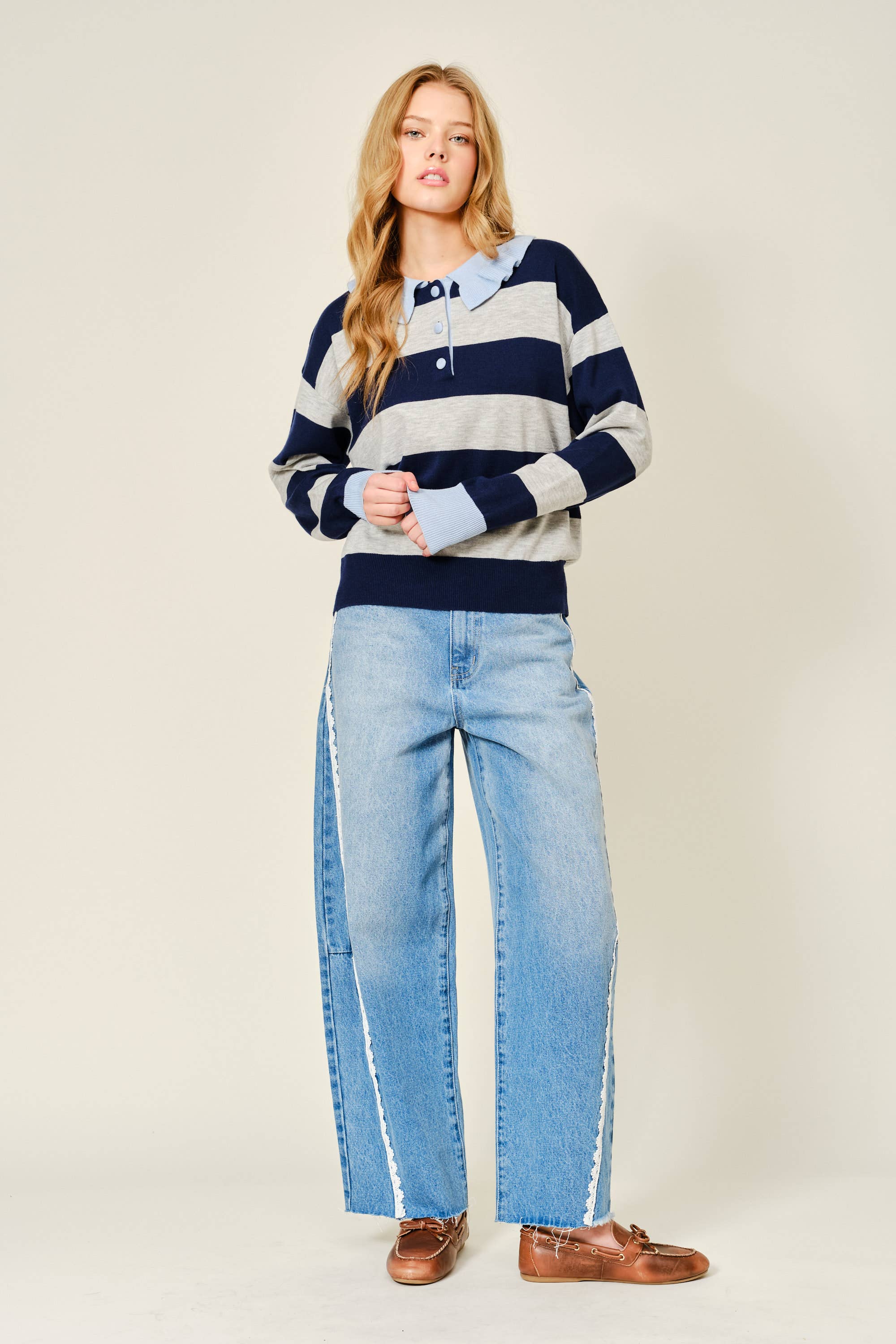 Striped Ruffle Collar Polo Style Sweater