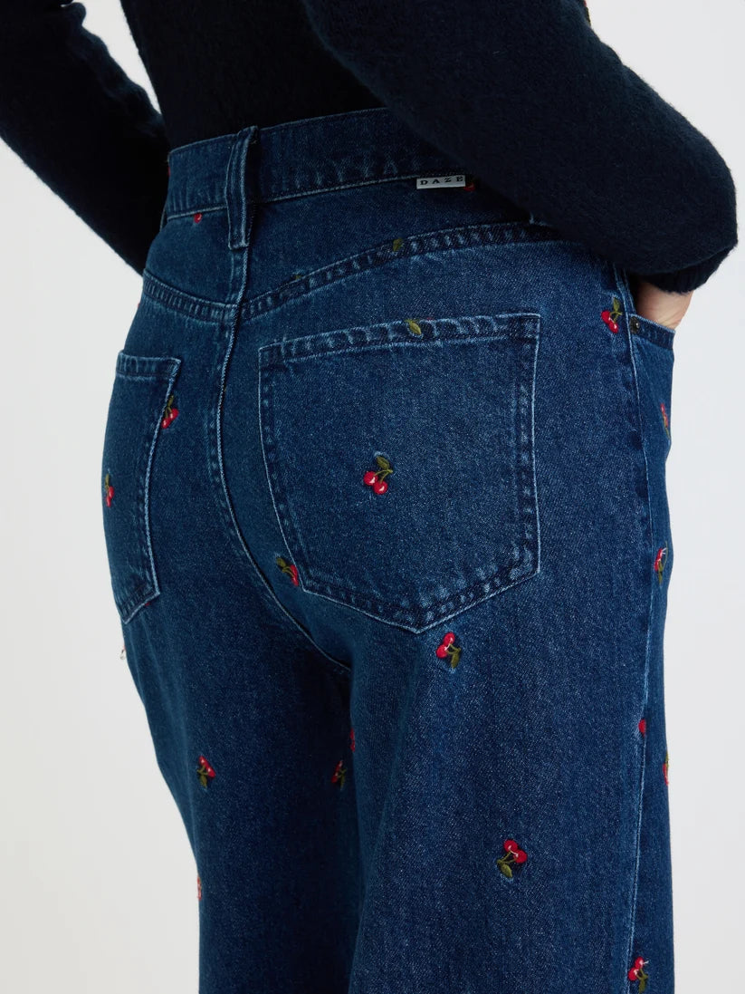 DAZE Cherry Embroidered High Rise Wide Leg Denim Pants