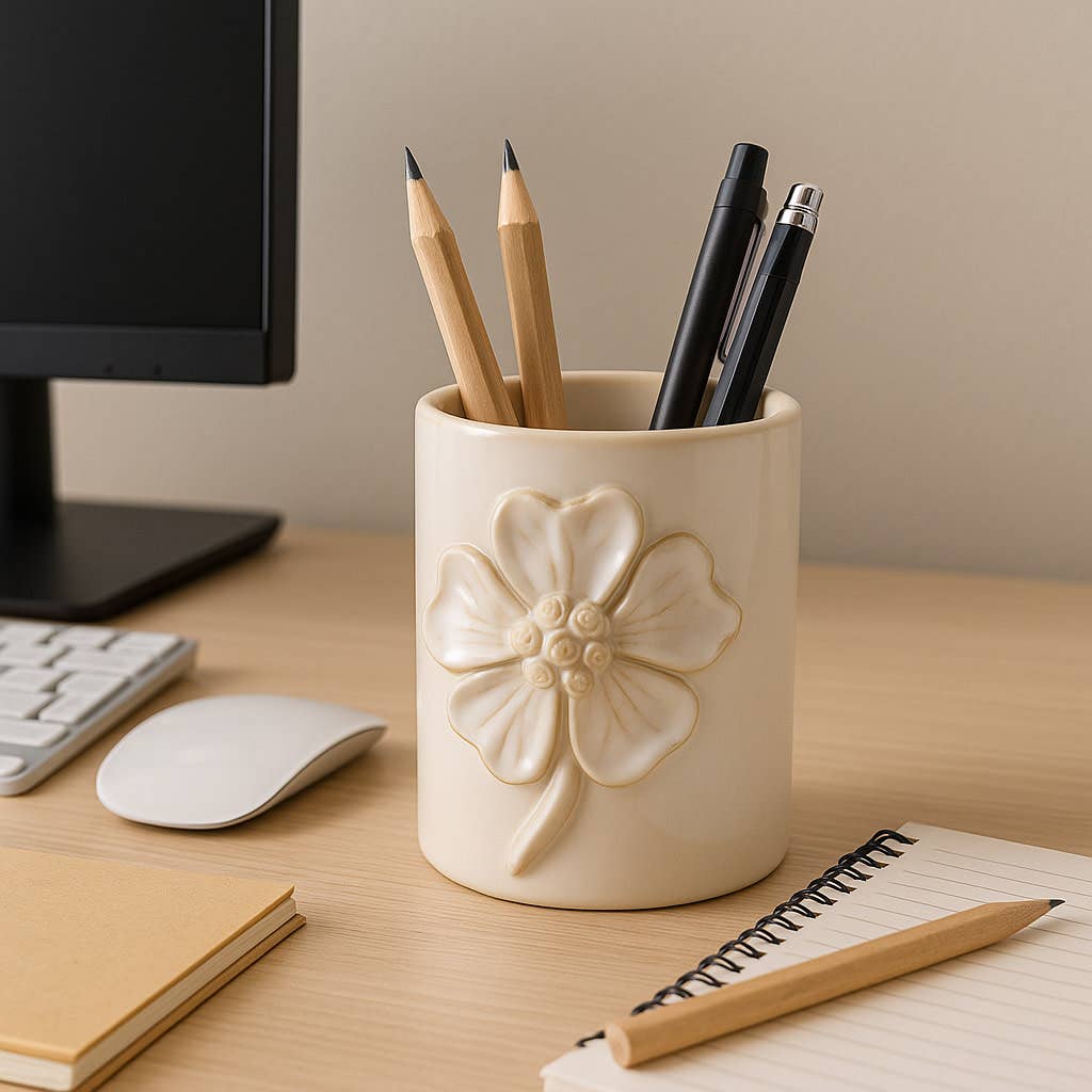 Ivory Ceramic Flower Applique Pencil Cup