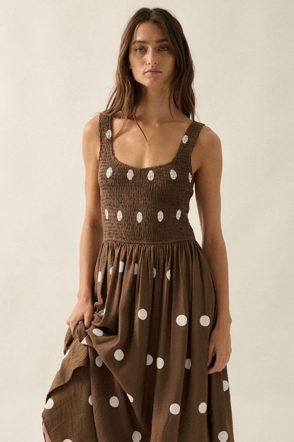 Polka Dot-Print Smocked Sleeveless Pocket Maxi Dress