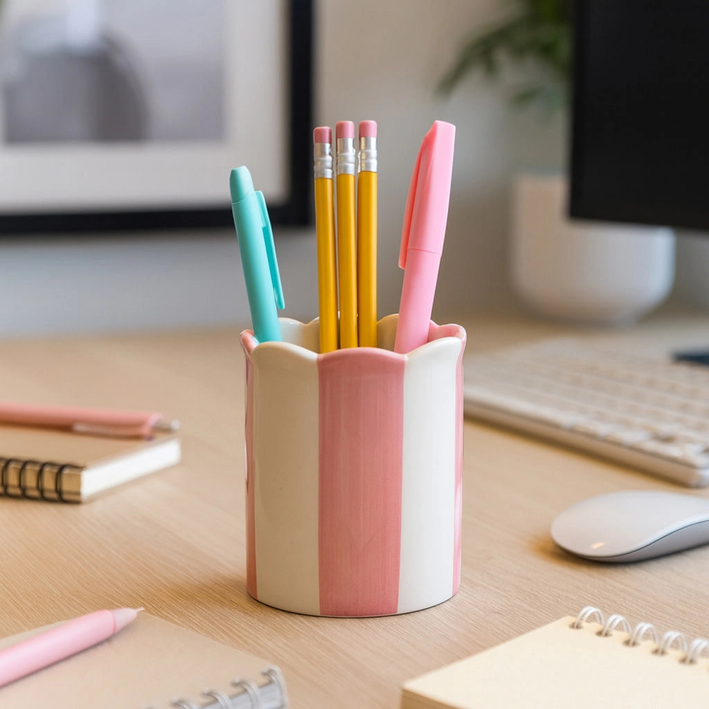 Pencil Cup - Pink/Ivory Ceramic Decorative Striped