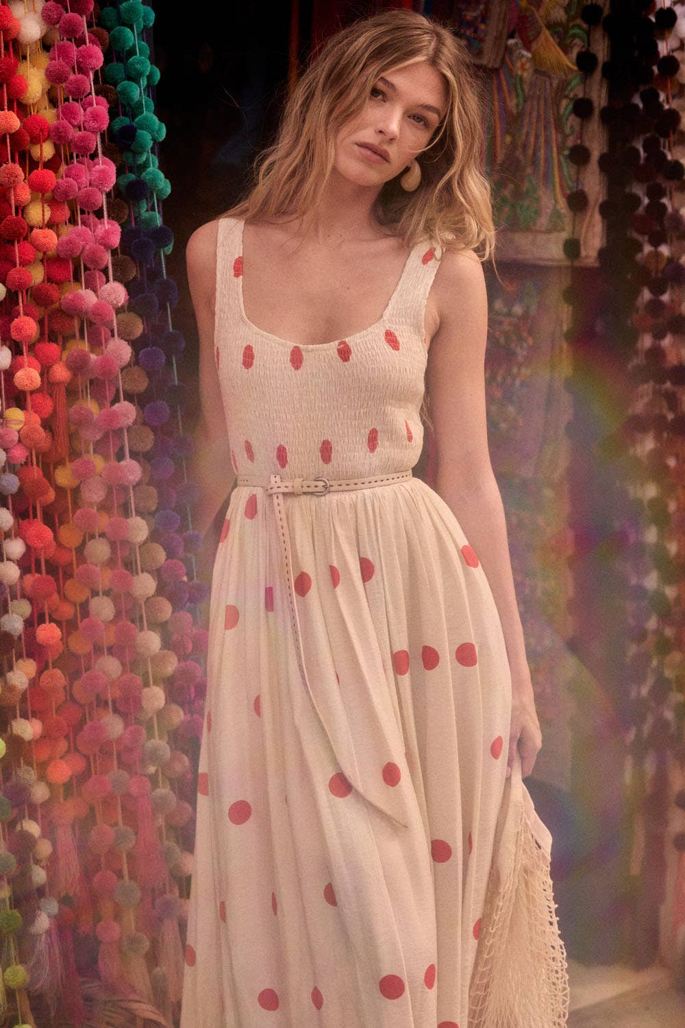 Polka Dot-Print Smocked Sleeveless Pocket Maxi Dress