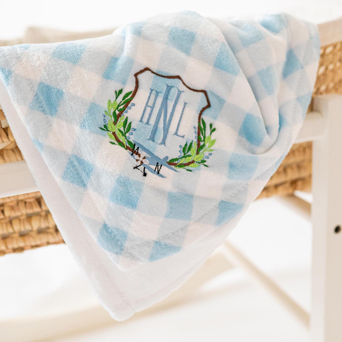 Minky Gingham Baby Blanket with Embroidered Crest Monograms