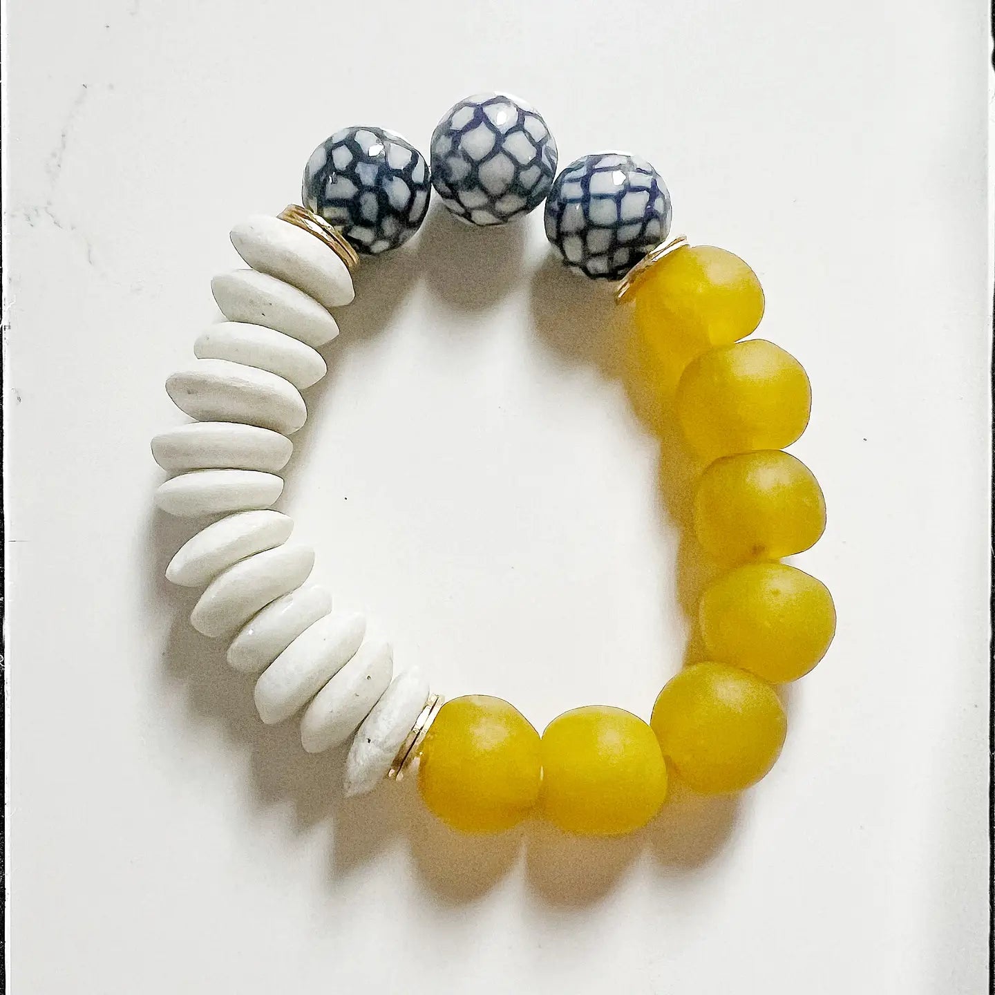 Recycled Glass Ceramic Chinoiserie Stretch Bracelet- Yellow