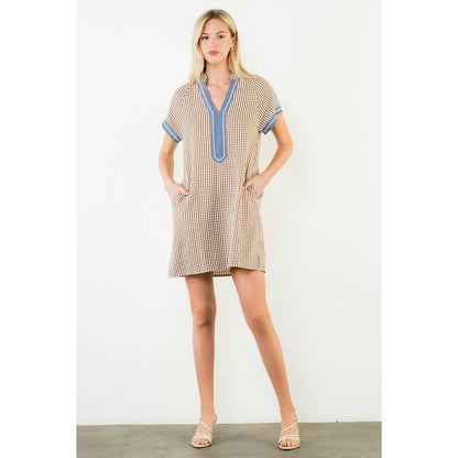 Short Sleeve Gingham Patterned Dress