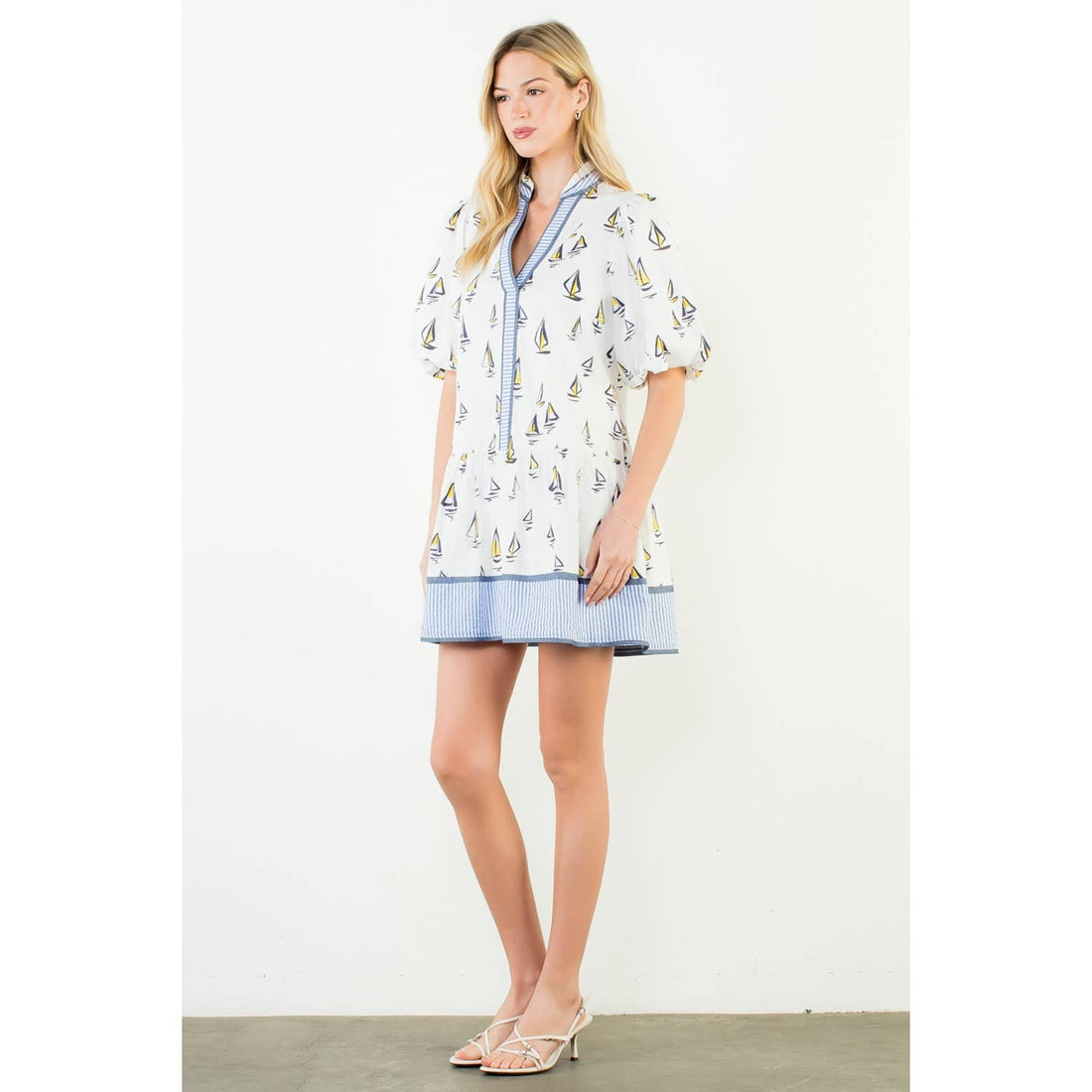 Puff Sleeve Sailboat Pattern Dress