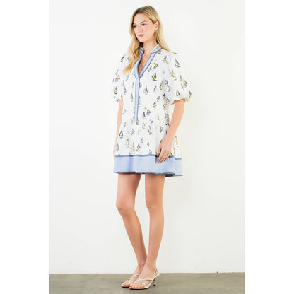 Puff Sleeve Sailboat Pattern Dress