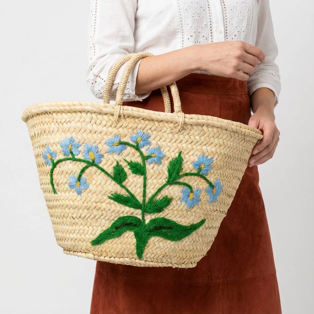 Woven Straw Market Basket Tote - Embroidered Blue Floral