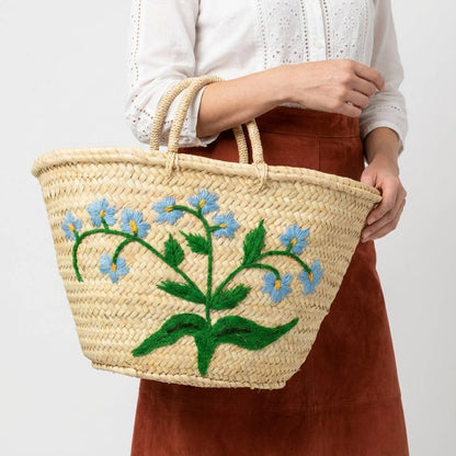 Woven Straw Market Basket Tote - Embroidered Blue Floral