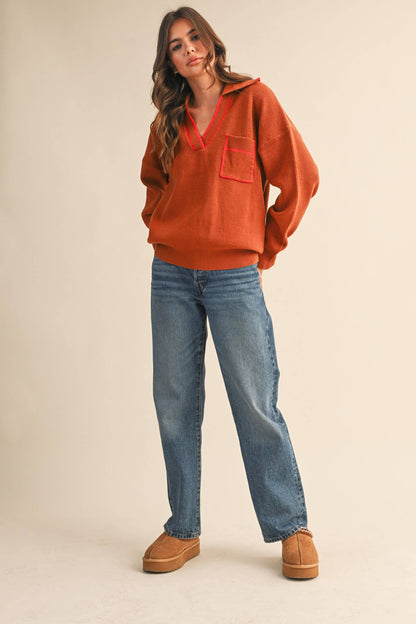 Ribbed Collared Pullover Sweater