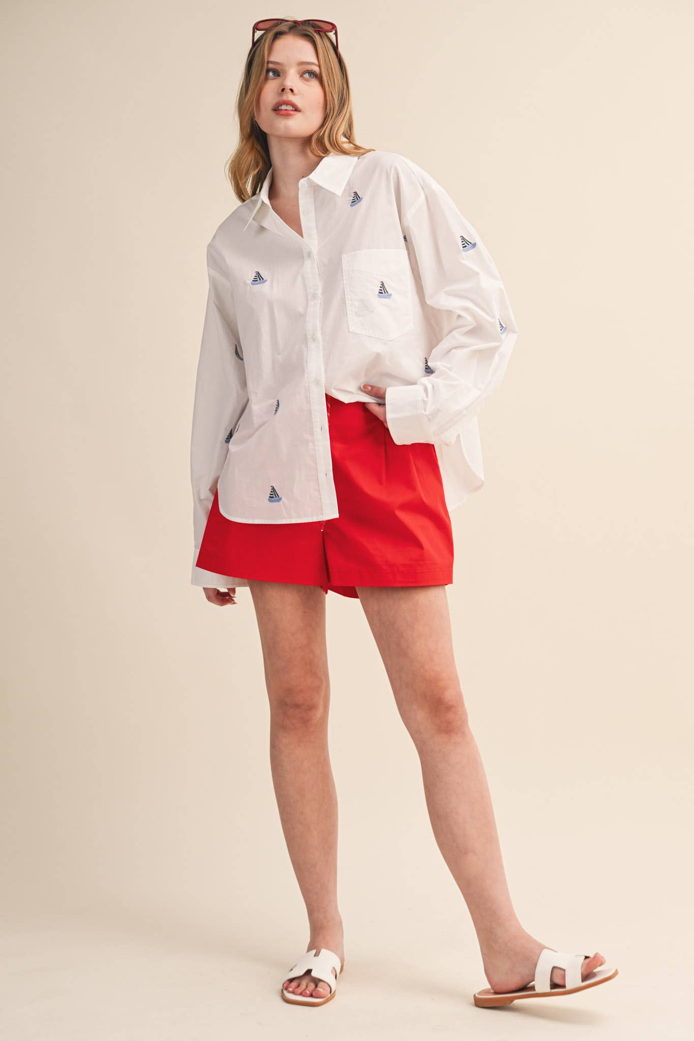 Sailboat Embroidery Button Down Shirt