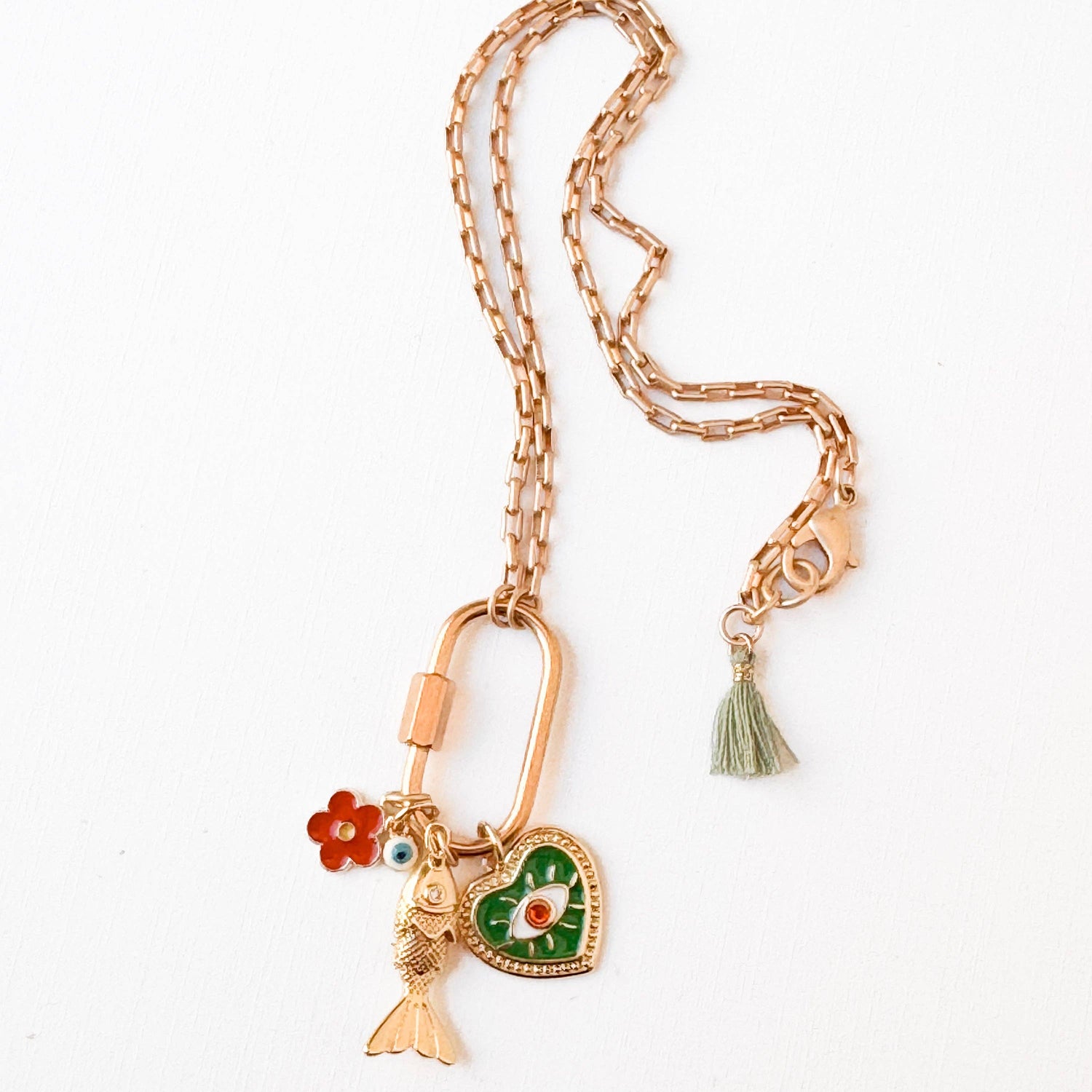 Small Gold Carabiner Charm Necklace with Fish &amp; Green Heart Charms