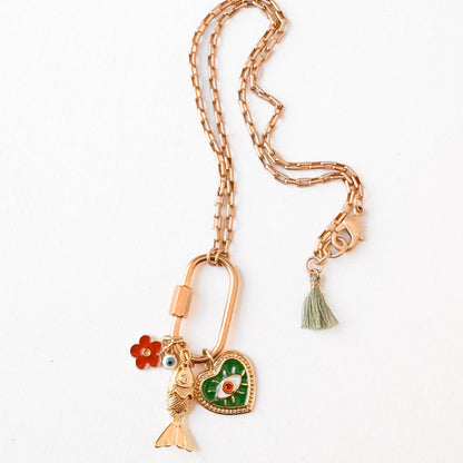 Small Gold Carabiner Charm Necklace with Fish &amp; Green Heart Charms