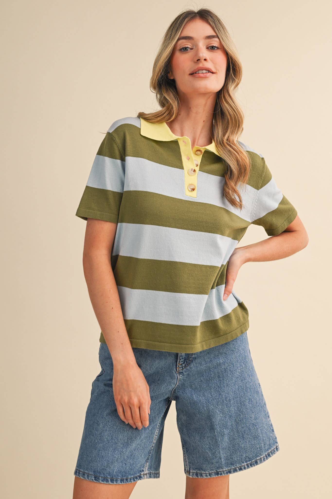 Striped Sweater Knit Short Sleeve Polo