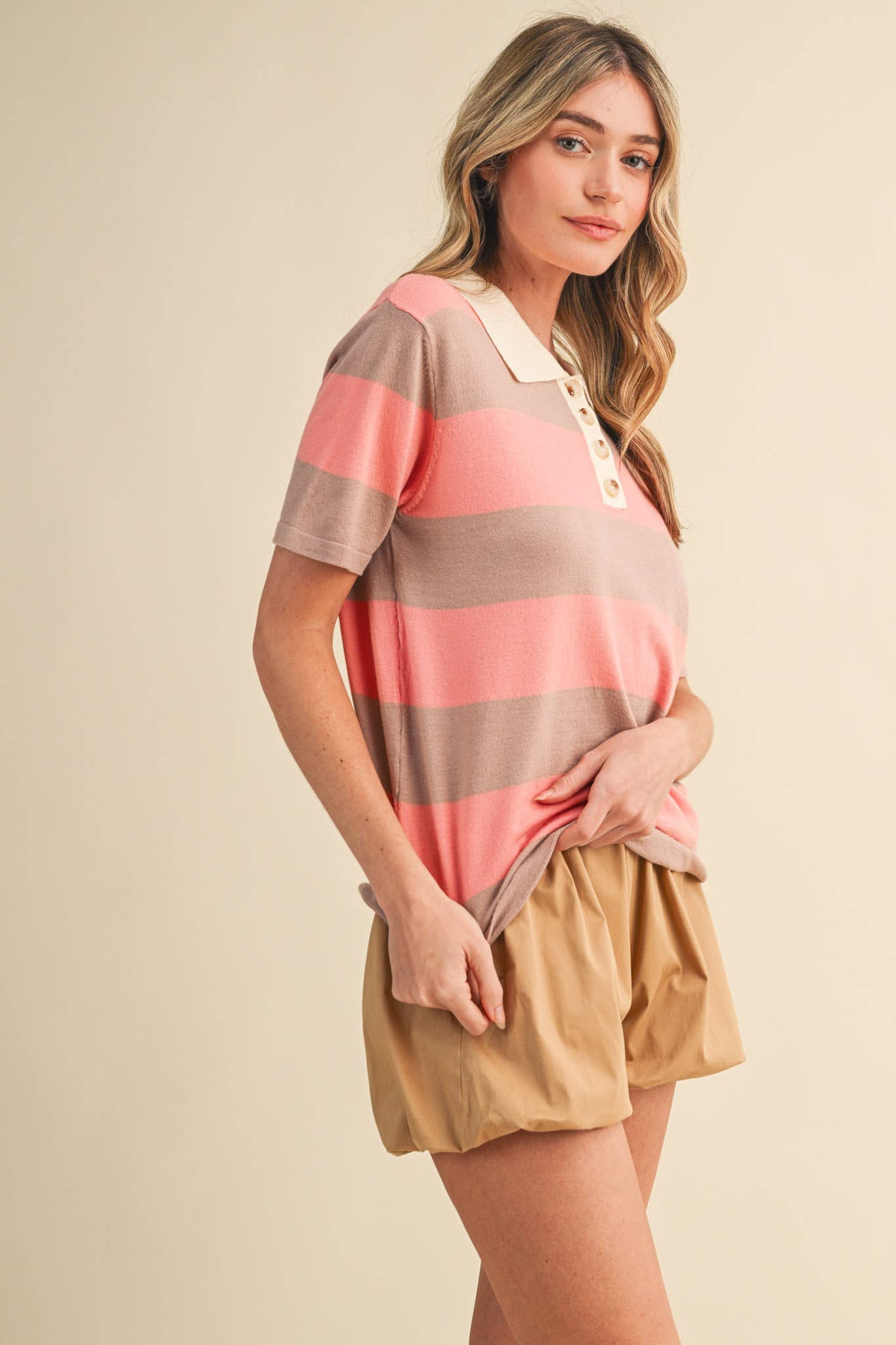 Striped Sweater Knit Short Sleeve Polo