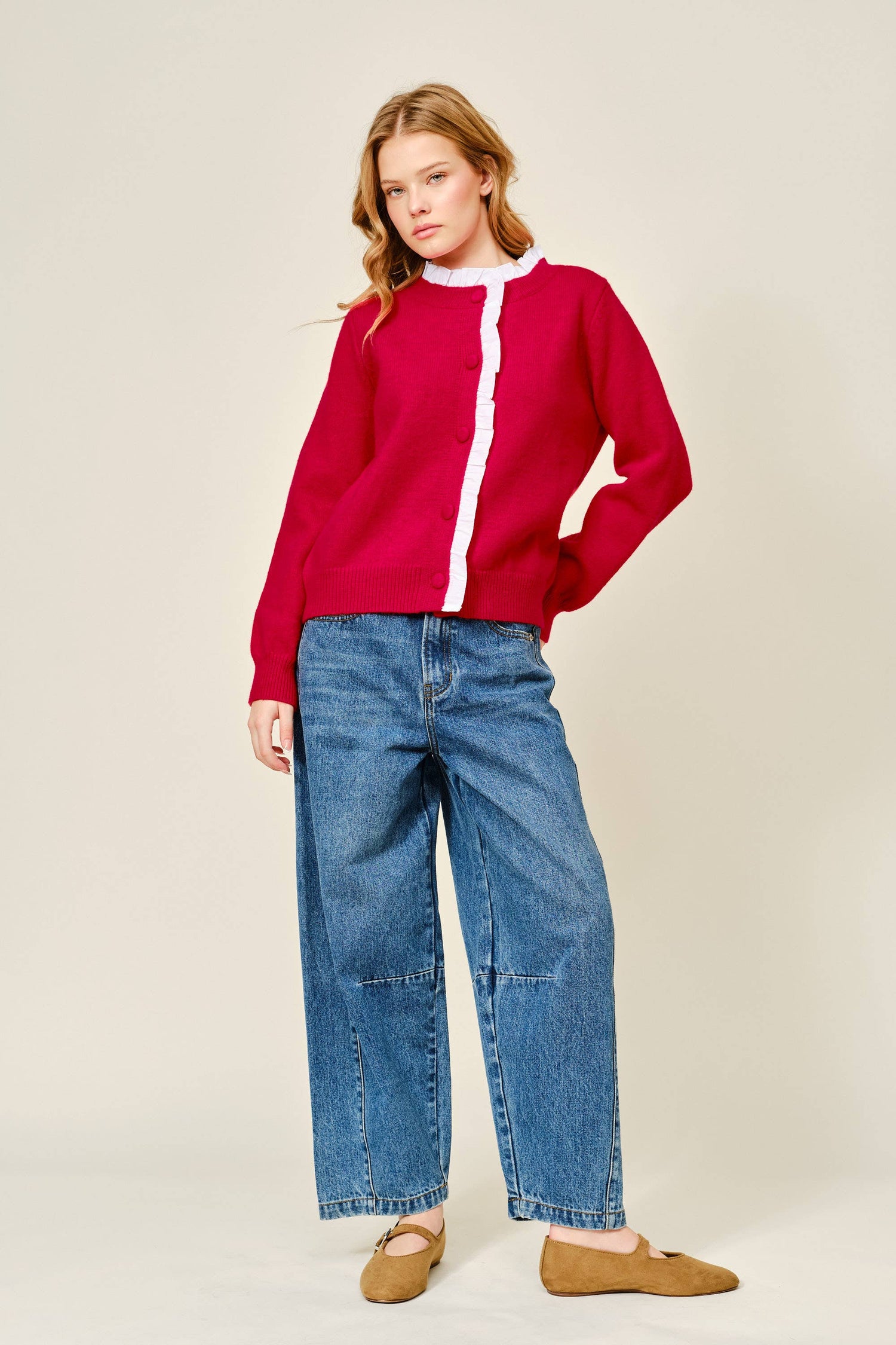 Contrast Ruffle Trim Knit Cardigan