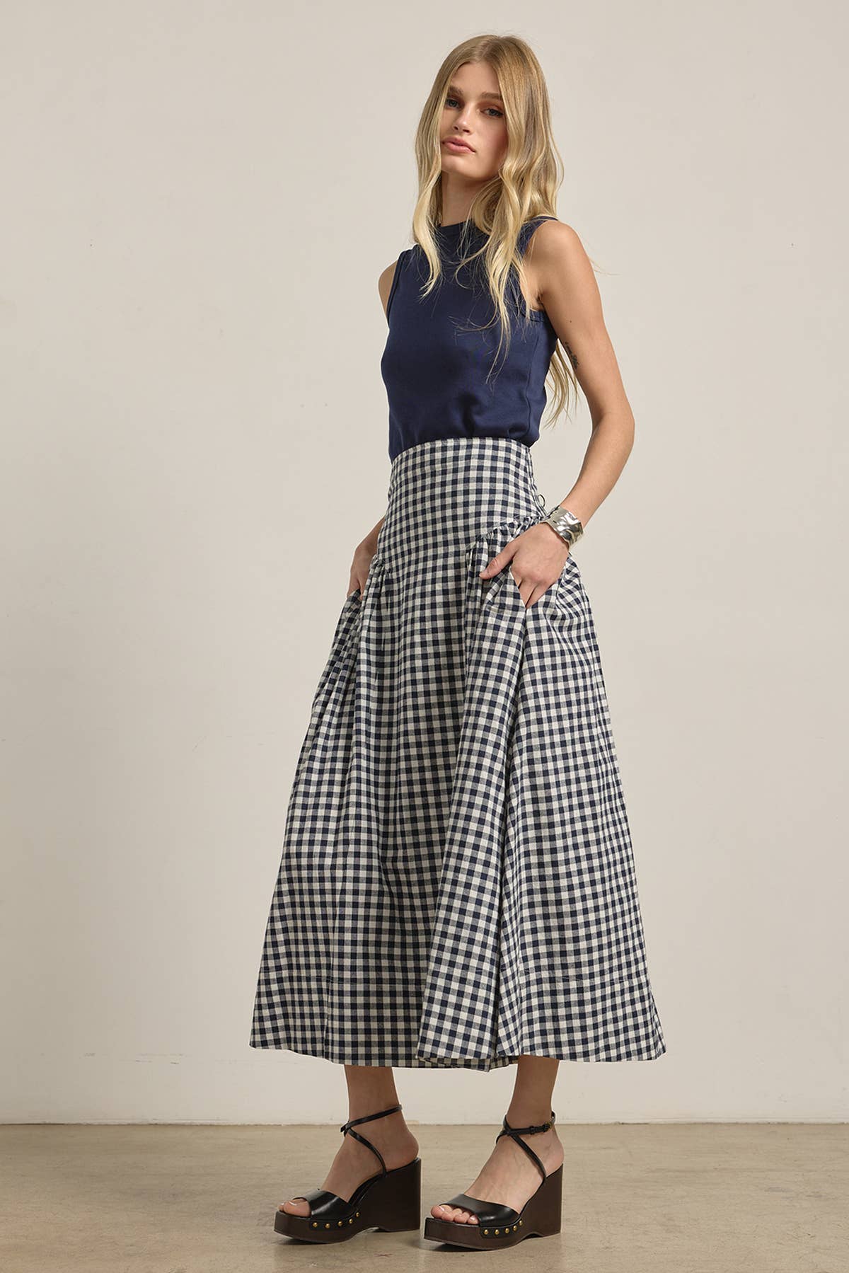 Gingham Check Midi Skirt