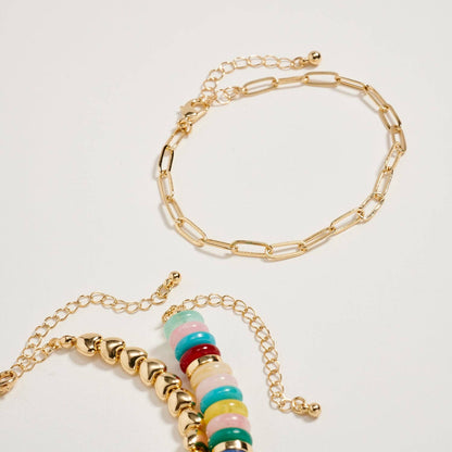Gold Heart Charm Beaded Bracelet Set
