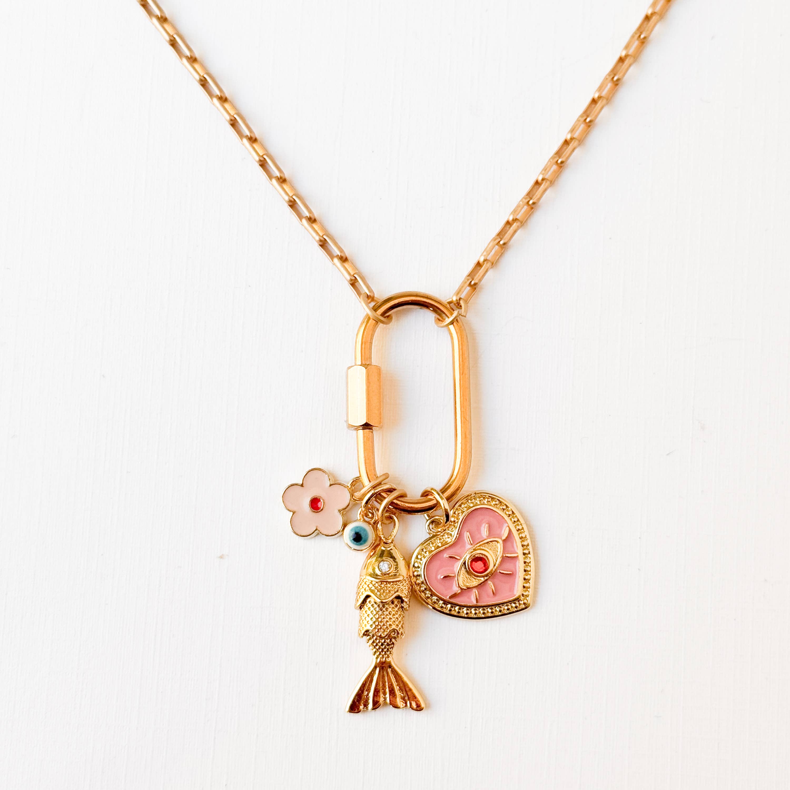 Gold Carabiner Charm Necklace with Fish &amp; Pink Heart Charms